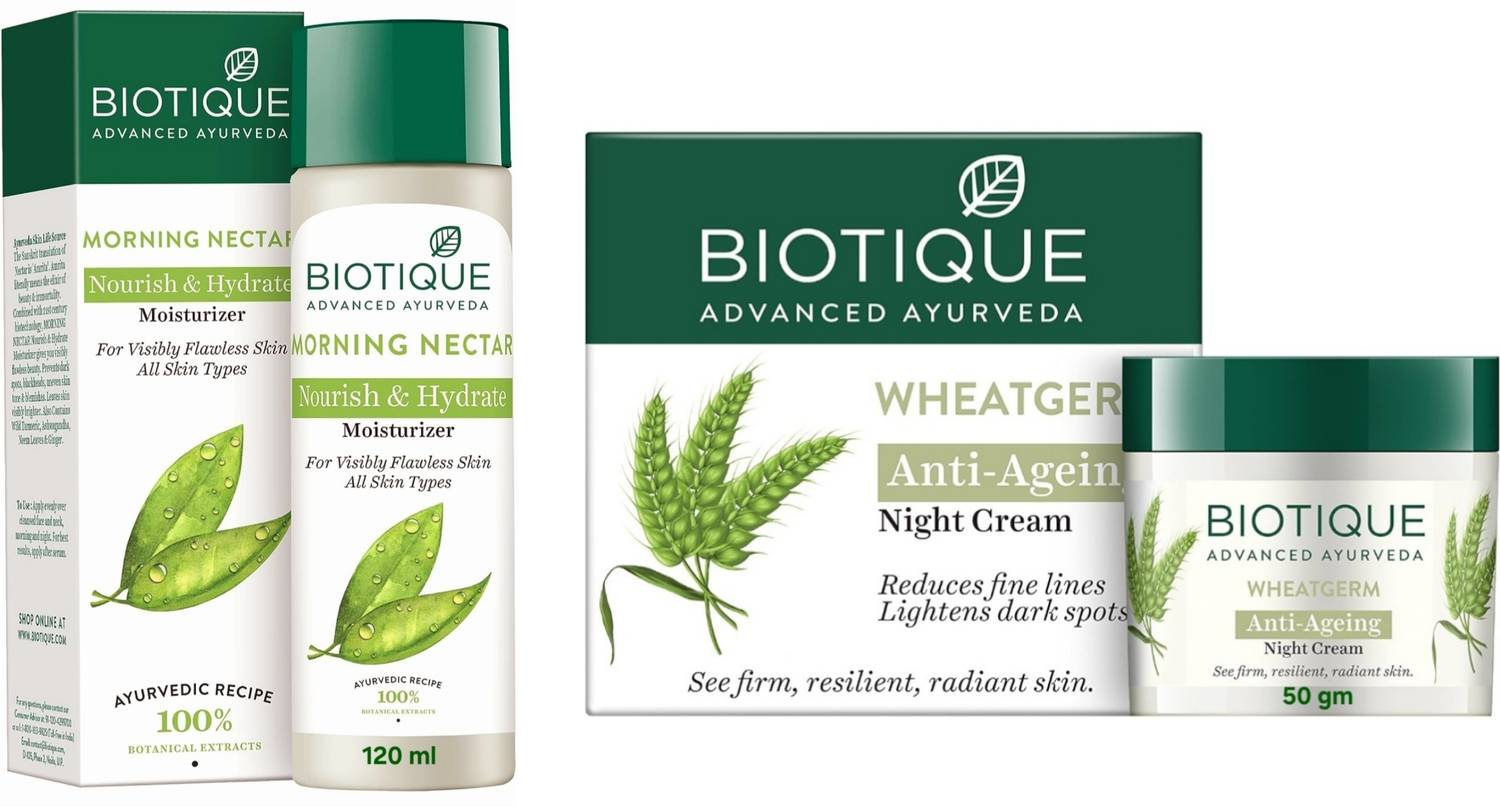 BIOTIQUE Morning Nectar Moisturizer 120ml & Wheatgerm Night Cream 50g (Pack of 2)