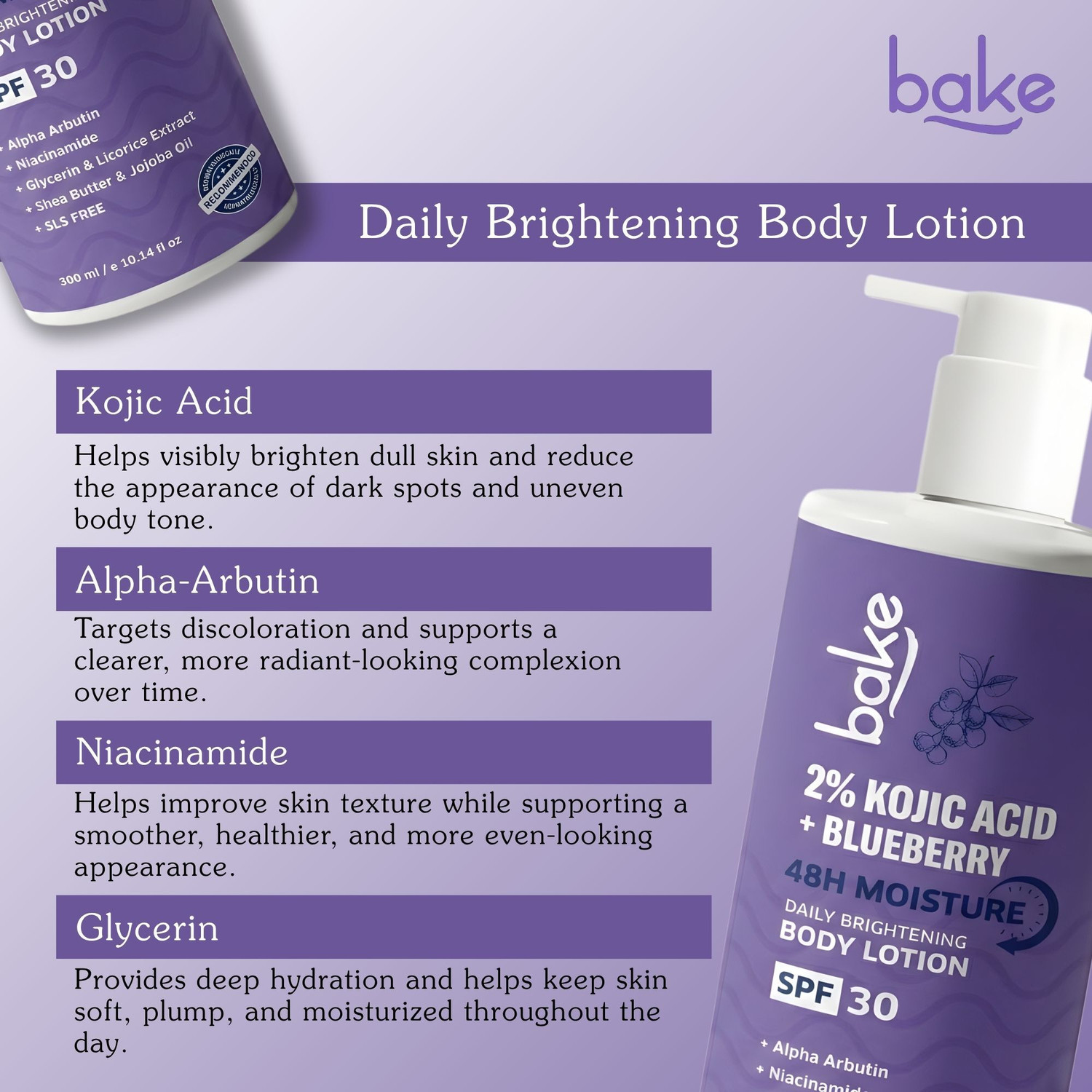 Image of BAKE 2% Kojic Acid Body Lotion SPF 30 For Dark Spots, Pigmentation & Tan Removal