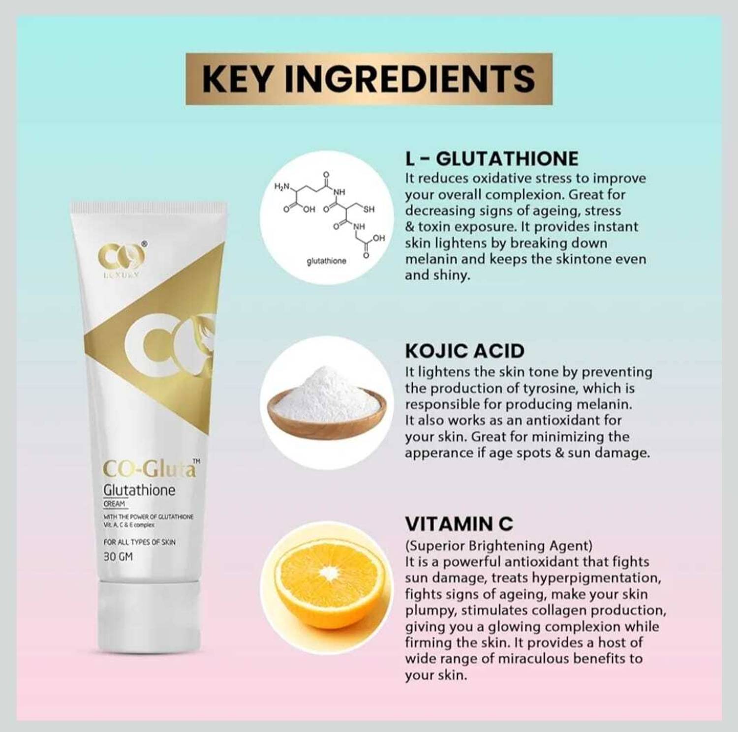 glutathione whitening cream review zeliora Co-Glutha Brightening | 30g hexagon Glutathione Injection in Islamabad Packaging:30 mL Frosted Glass Bottle