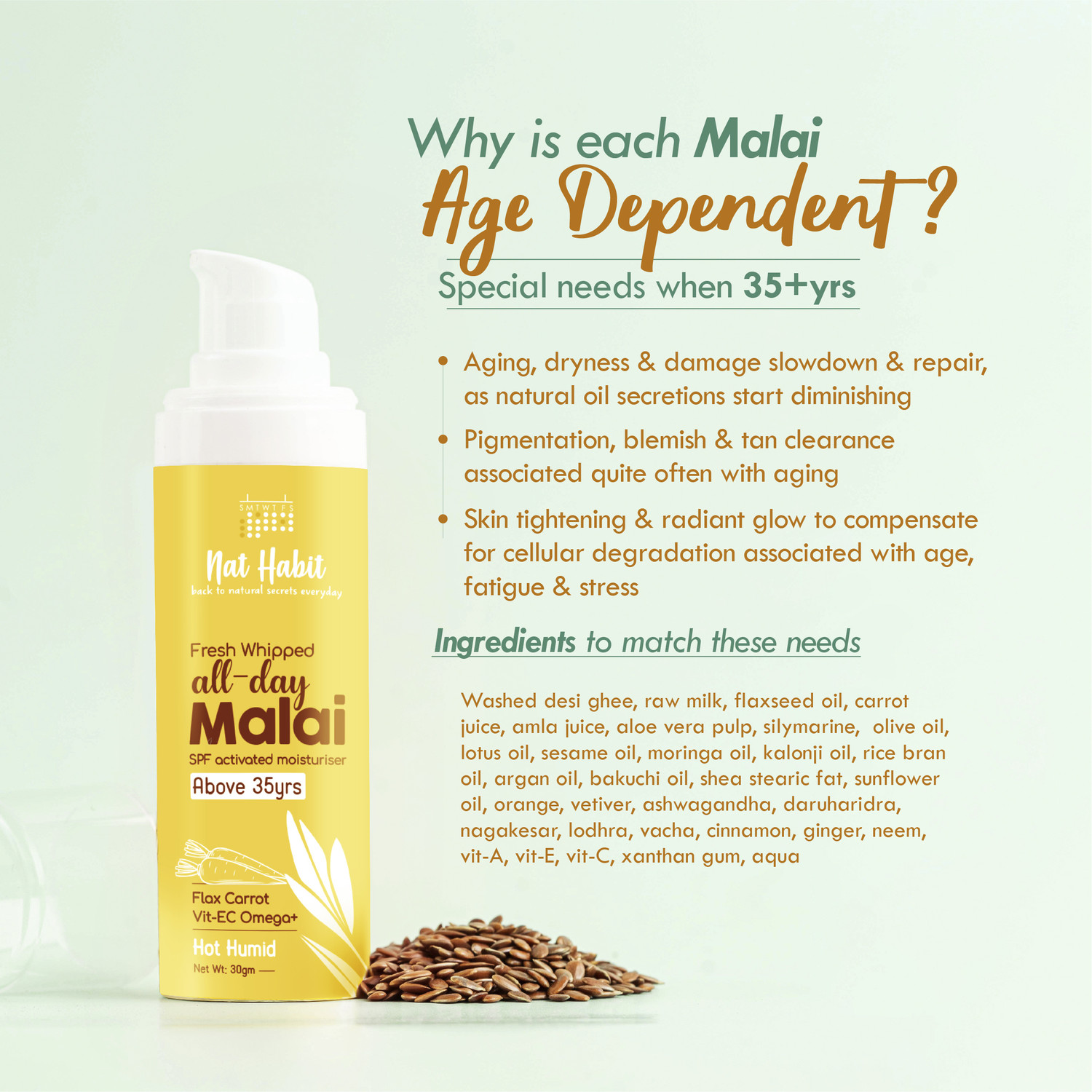 Image of Nat Habit Malai Face Cream For Summer With Fresh Whipped Flax Carrot Vitamins E,C & Omega+