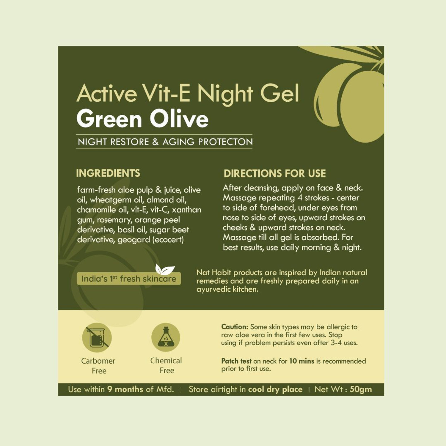 Image of Nat Habit Vitamin-E Olive Active Face Gel For Night Restore| Anti-Aging With UV Protection