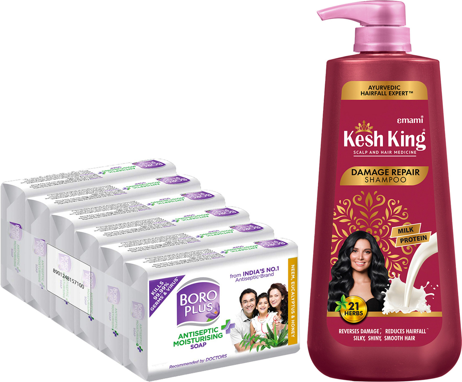 Image of Kesh King and BoroPlus Damage Repair Shampoo 600ml + Moisturising Soap - NEH 125g PO6