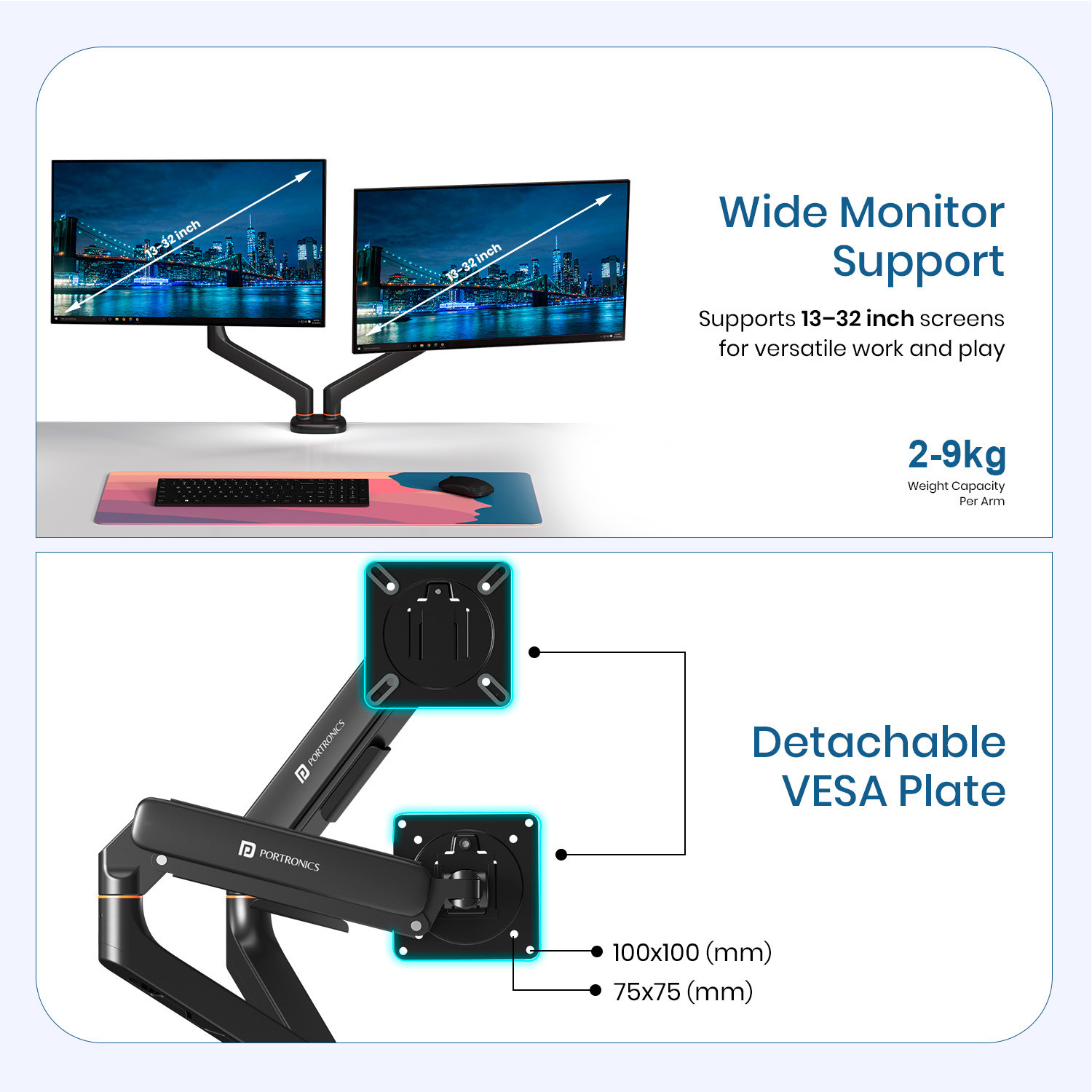Image of Portronics Aerolift Duo Gas Spring Monitor Arms, 13-32 Inch Screens with Dual Mount Options Desk Mount Monitor Arm