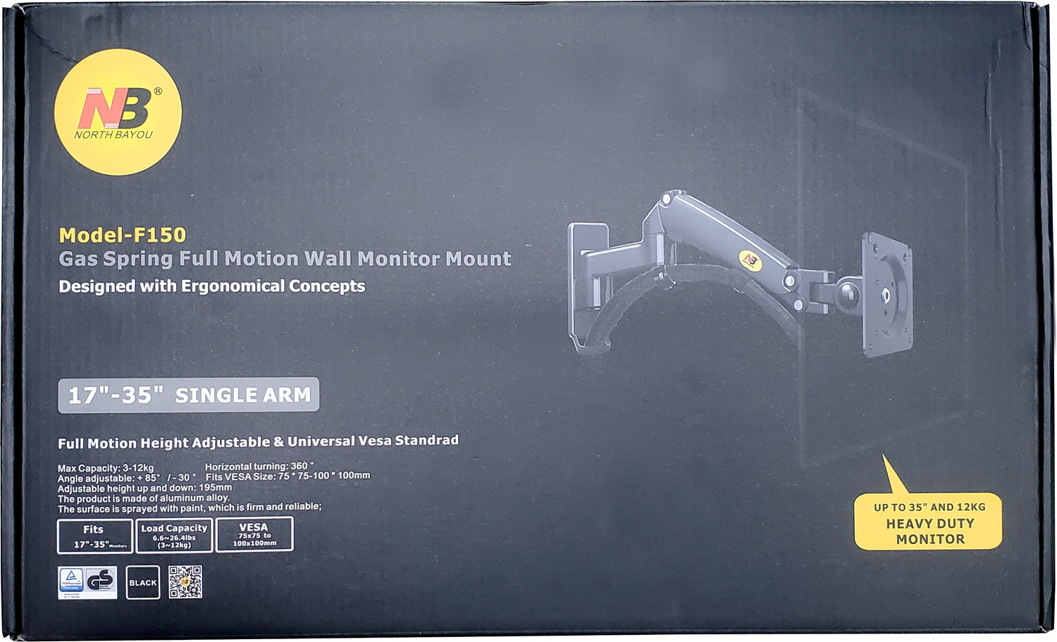 Image of TECHNOWISE NB - F150 Gas-Strut Arm for 17 inch to 35 inch Monitor, Load 3 - 12Kg, Double Extension. Wall Mount Monitor Arm