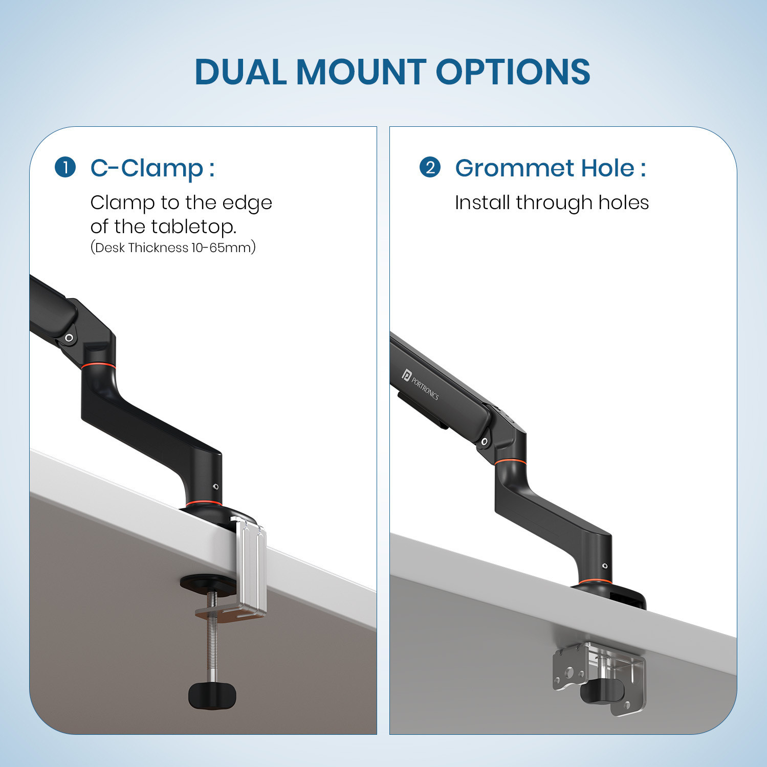Image of Portronics Aerolift Solo Gas Spring Monitor Arm, 13-32 Inch Screens with Dual Mount Options Desk Mount Monitor Arm