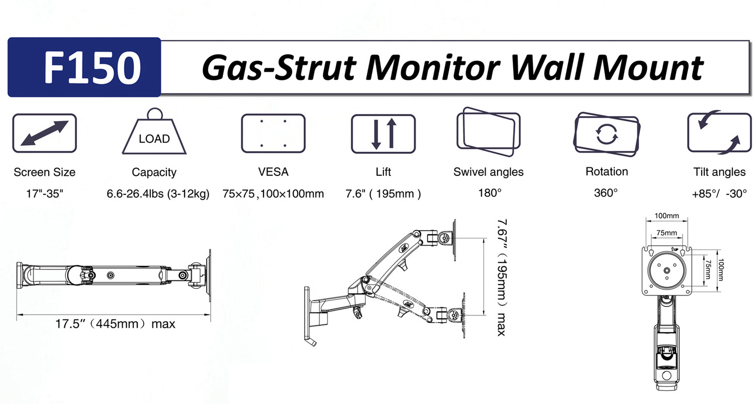 Image of TECHNOWISE NB - F150 Gas-Strut Arm for 17 inch to 35 inch Monitor, Load 3 - 12Kg, Double Extension. Wall Mount Monitor Arm