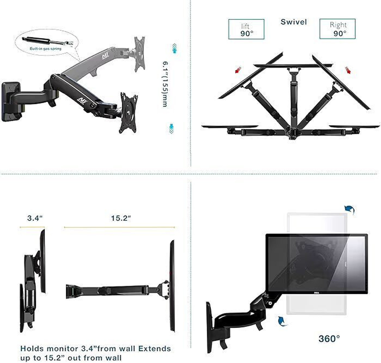 Image of GenX North Bayou NB F150 Wall Mount Monitor Arm