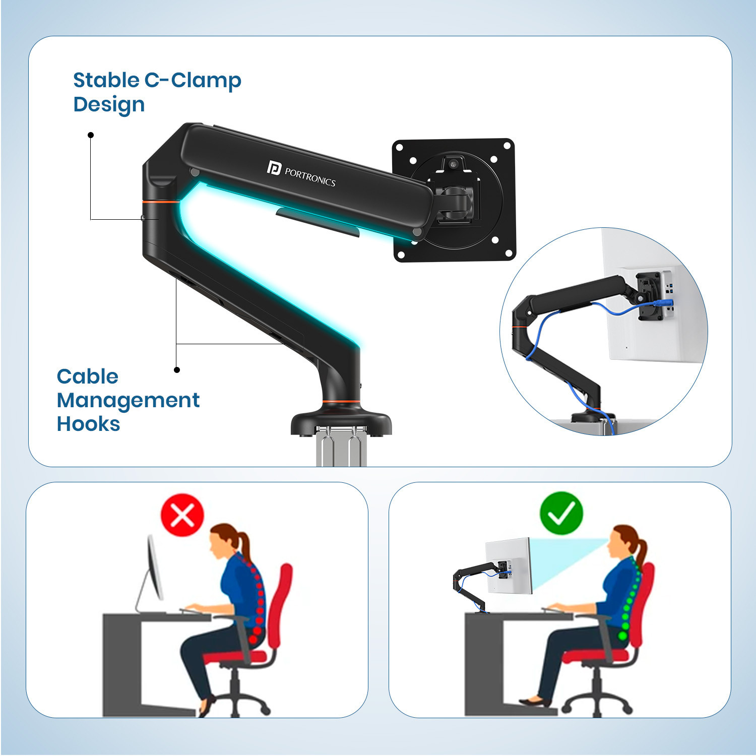 Image of Portronics Aerolift Solo Gas Spring Monitor Arm, 13-32 Inch Screens with Dual Mount Options Desk Mount Monitor Arm