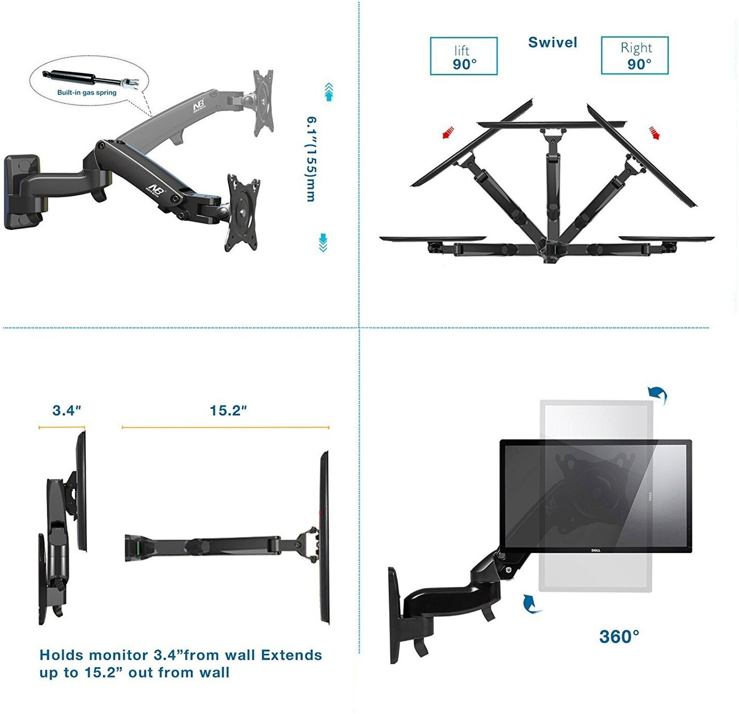 Image of TECHNOWISE NB - F150 Gas-Strut Arm for 17 inch to 35 inch Monitor, Load 3 - 12Kg, Double Extension. Wall Mount Monitor Arm
