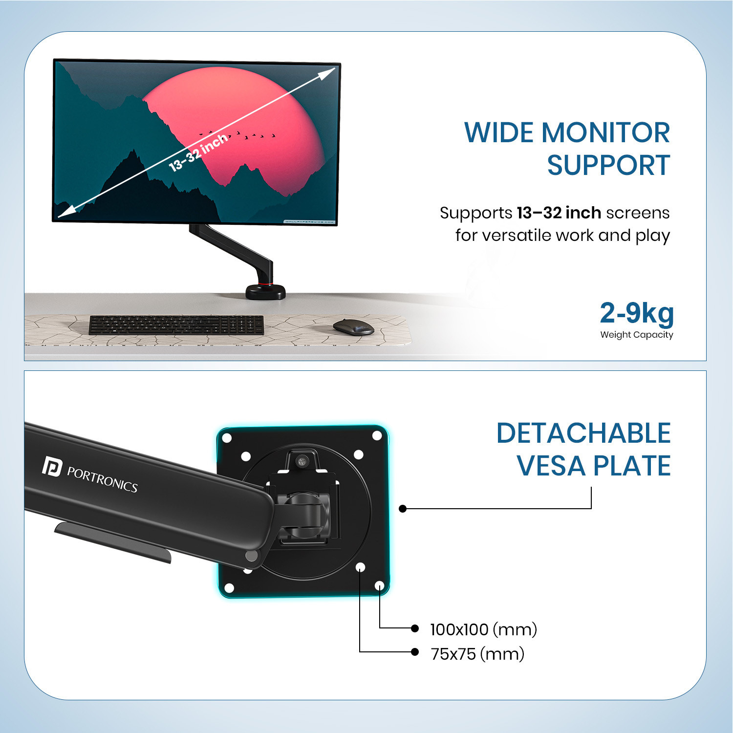 Image of Portronics Aerolift Solo Gas Spring Monitor Arm, 13-32 Inch Screens with Dual Mount Options Desk Mount Monitor Arm