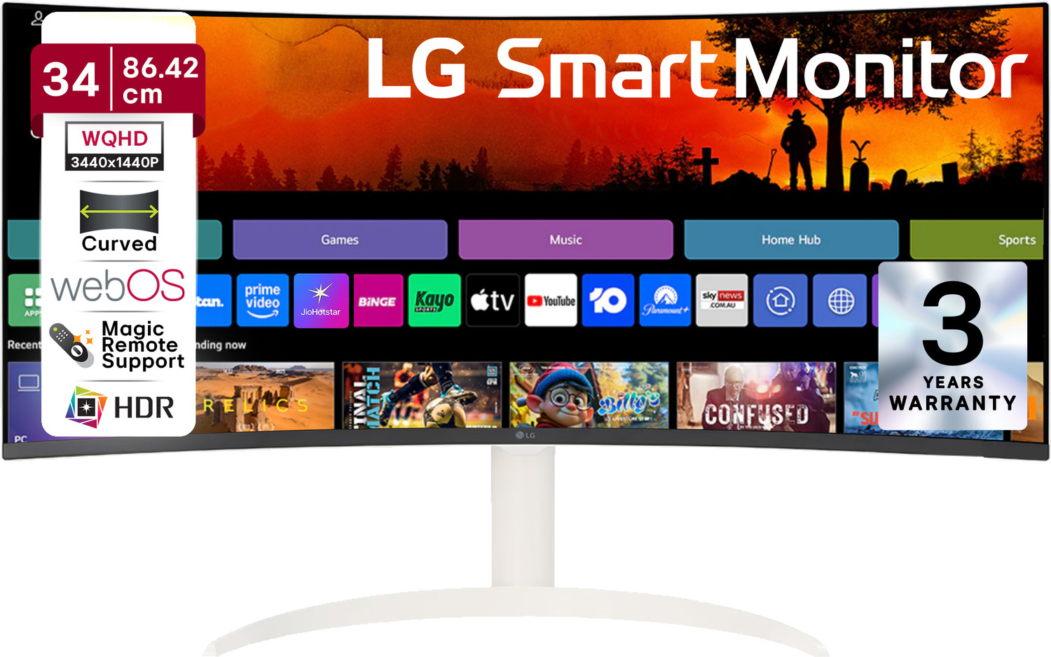 Image of LG Smart 86.36 cm (34 inch) Curved WQHD VA Panel 34 (86.36 cm) 21:9 Curved WQHD (3440x1440) display, webOS Smart Monitor, ThinQ Home Dashboard / Magic Remote support, AirPlay 2, Screen Share, Bluetooth, 2xHDMI, 2xUSB ports, Tilt / Height adjustable stand Monitor (34SR65QC-W.ATR)