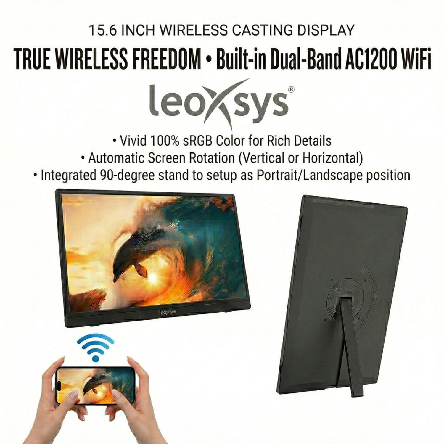 Image of leoxsys Portable Wireless Monitor FHD IPS Display 1080P, 300 Nits Brightness, 1200Mbps WiFi Screen Mirroring 39.62 cm (16 inch) Full HD LED Backlit IPS Panel Monitor (Type-C, HDMI,Wireless,660g Ultra Slim for Laptop, Mac, Android, iPhone, iPad)