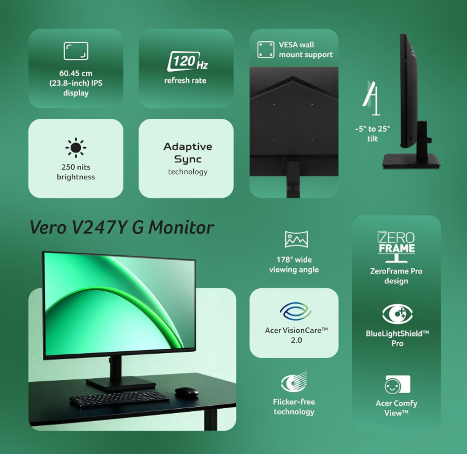 Image of Acer Vero Series 60.45 cm (24 inch) Full HD LED Backlit IPS Panel Monitor (V247Y G)