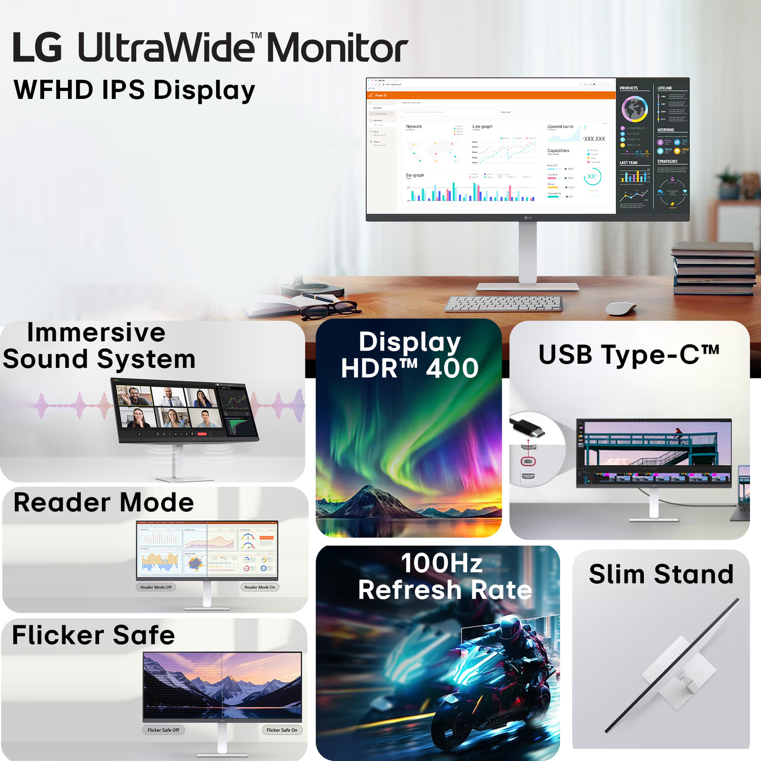 Image of LG UltraWide 86.36 cm (34 inch) WFHD IPS Panel 86.36 cm (34) 21:9 WFHD (2560x1080) IPS Display, 3-Side Virtually Borderless Design, sRGB 99% (Typ.), Color Calibrated in factory, 400nits (Typ.) Brightness / VESA DisplayHDR 400, 100Hz Refresh Rate, 1ms MBR, Black Stabilizer, DAS, Game Mode, Crosshair Monitor (34U530A-WA.ATRDMSL)