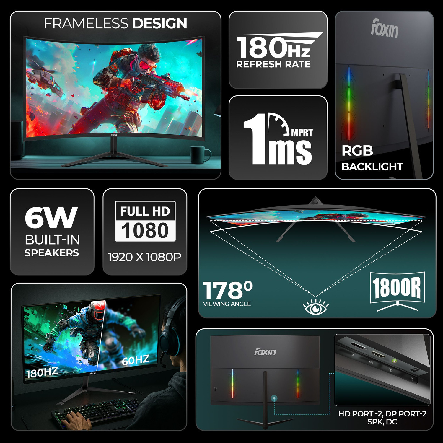 Image of Foxin 81.28 cm (32 inch) Curved Full HD VA Panel Gaming Monitor (Phantom 32 inch(80 cm) 1800R Curved Gaming Monitor, FHD 1920x1080p, 250Nits, 180Hz,)