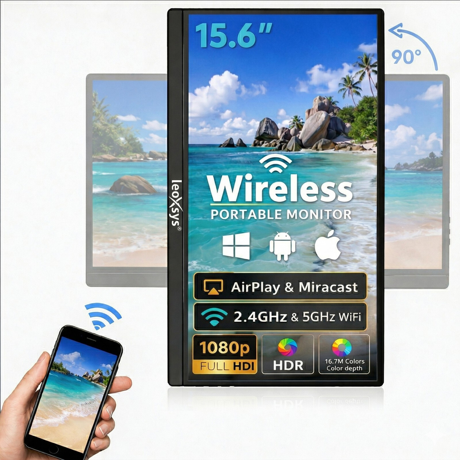 Image of leoxsys Portable Wireless Monitor FHD IPS Display 1080P, 300 Nits Brightness, 1200Mbps WiFi Screen Mirroring 39.62 cm (16 inch) Full HD LED Backlit IPS Panel Monitor (Type-C, HDMI,Wireless,660g Ultra Slim for Laptop, Mac, Android, iPhone, iPad)