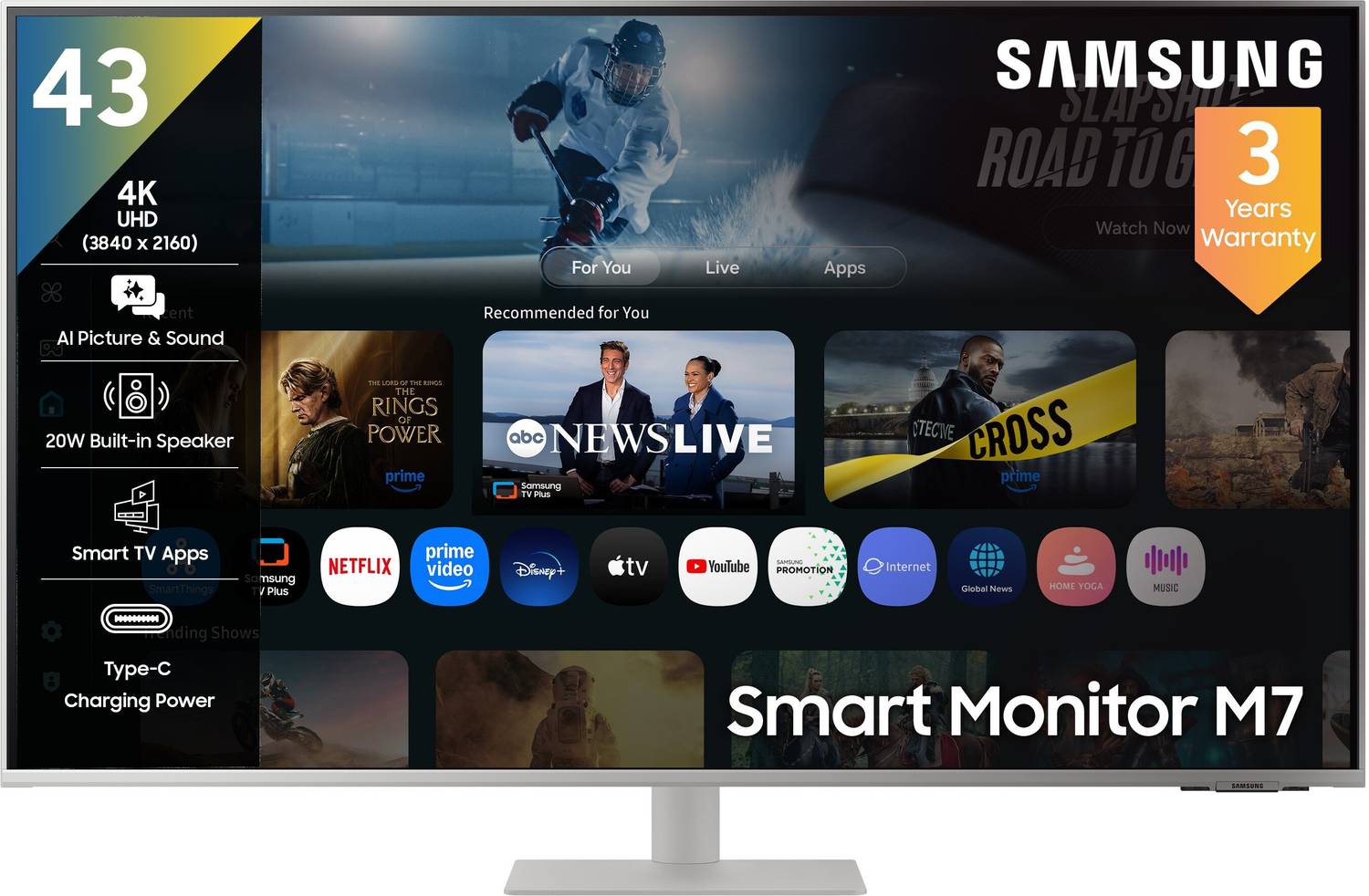 Samsung M7 107.9 cm (43 inch) 4K Ultra HD LED Backlit VA Panel with in-Built Speaker, Smart TV Apps, AirPlay, Wi-Fi, Bluetooth, USB, USB-C, Wireless Display, Vision AI Smart Monitor (LS43FM701UWXXL)
