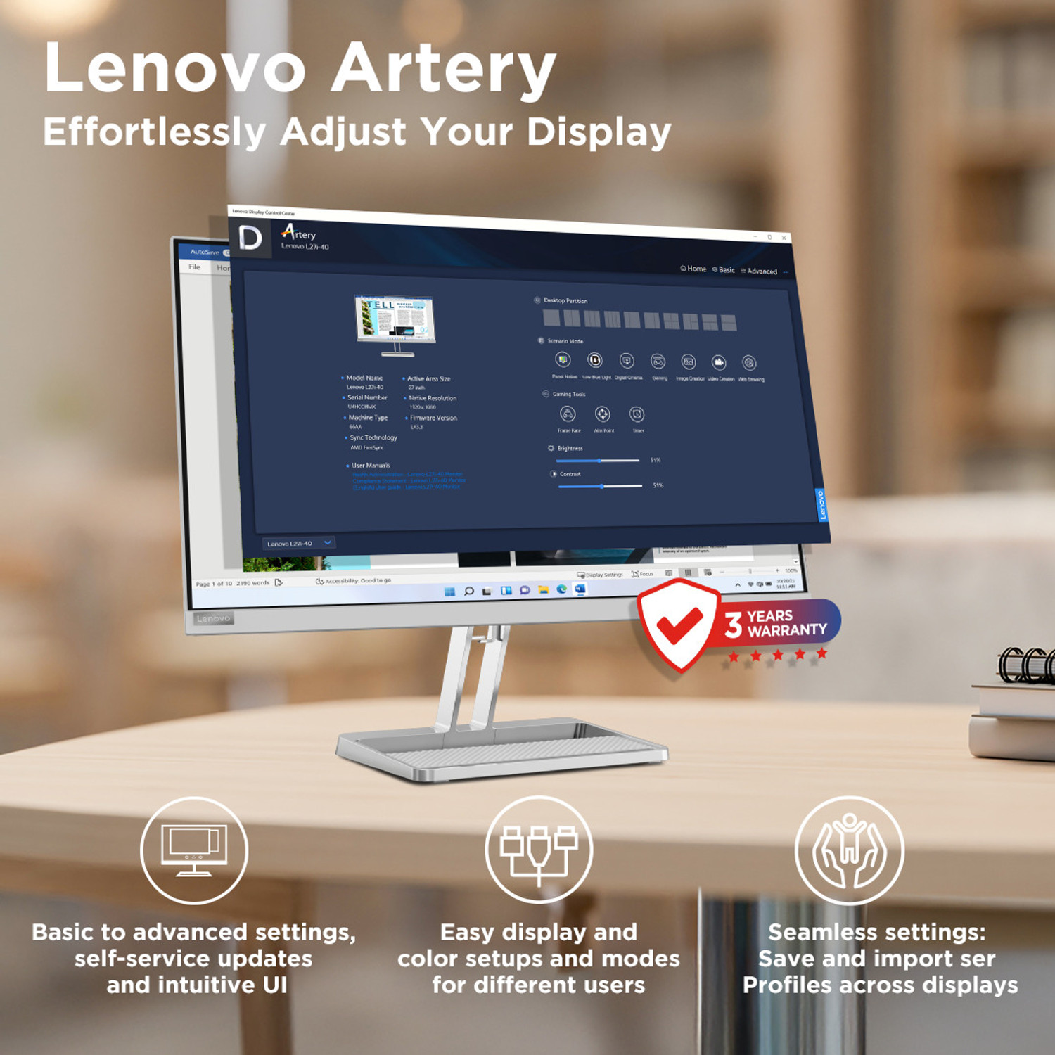 Image of Lenovo L-Series 68.58 cm (27 inch) Quad HD LED Backlit IPS Panel with 99% sRGB, 90% DCI-P3, 4x USB-A, 1xUSB Type-C, 2xHDMI 2.1, 1xDP 1.4, Tilt /Swivel /Pivot /Height Adjustable Stand, 3WX2 Inbuilt Speakers, Customization Artery, Smart Display Monitor (L27h-4A)