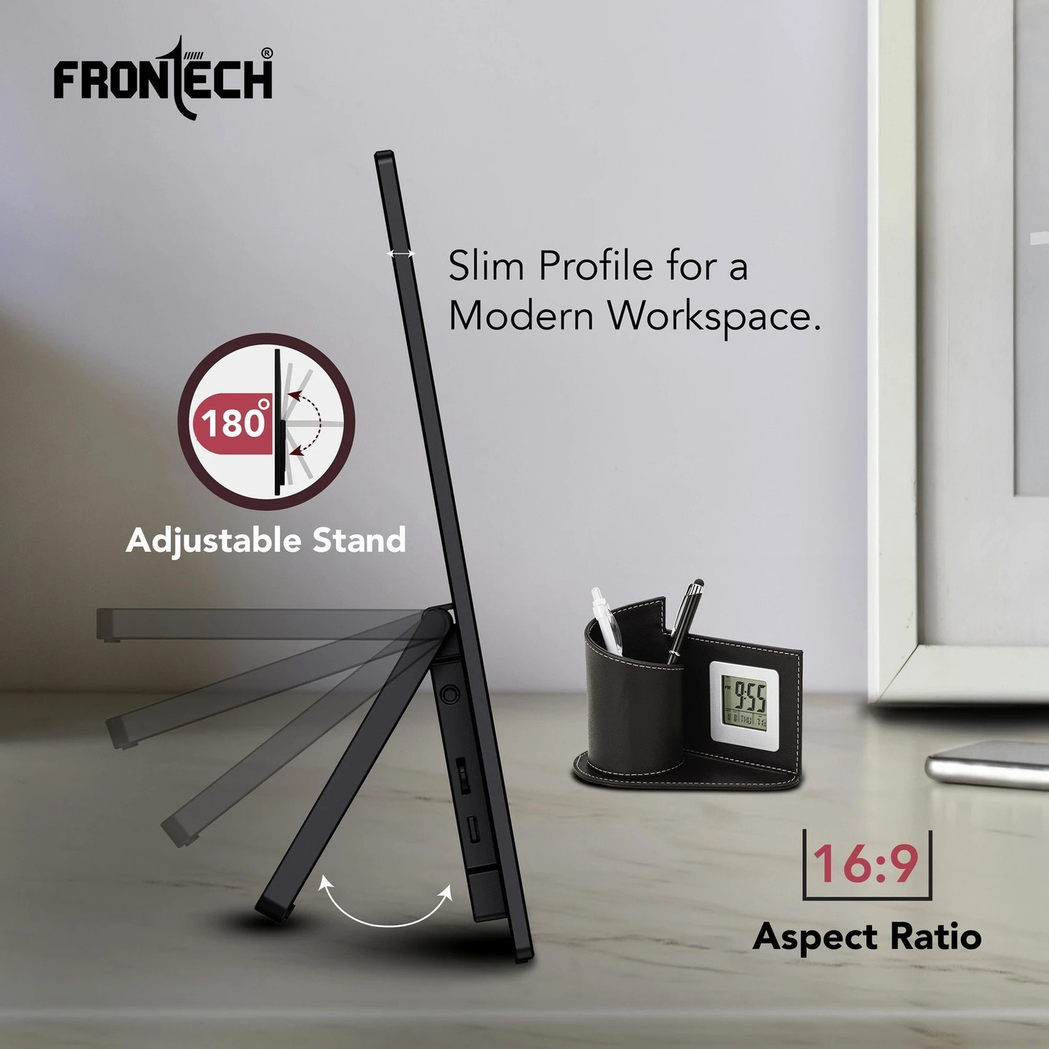 Image of Frontech 39.62 cm (16 inch) Full HD IPS Panel Monitor (PORTABLE LED Built-in Speakers, 180 Stand, Works with Laptop /PS5 /Switch /Phone)