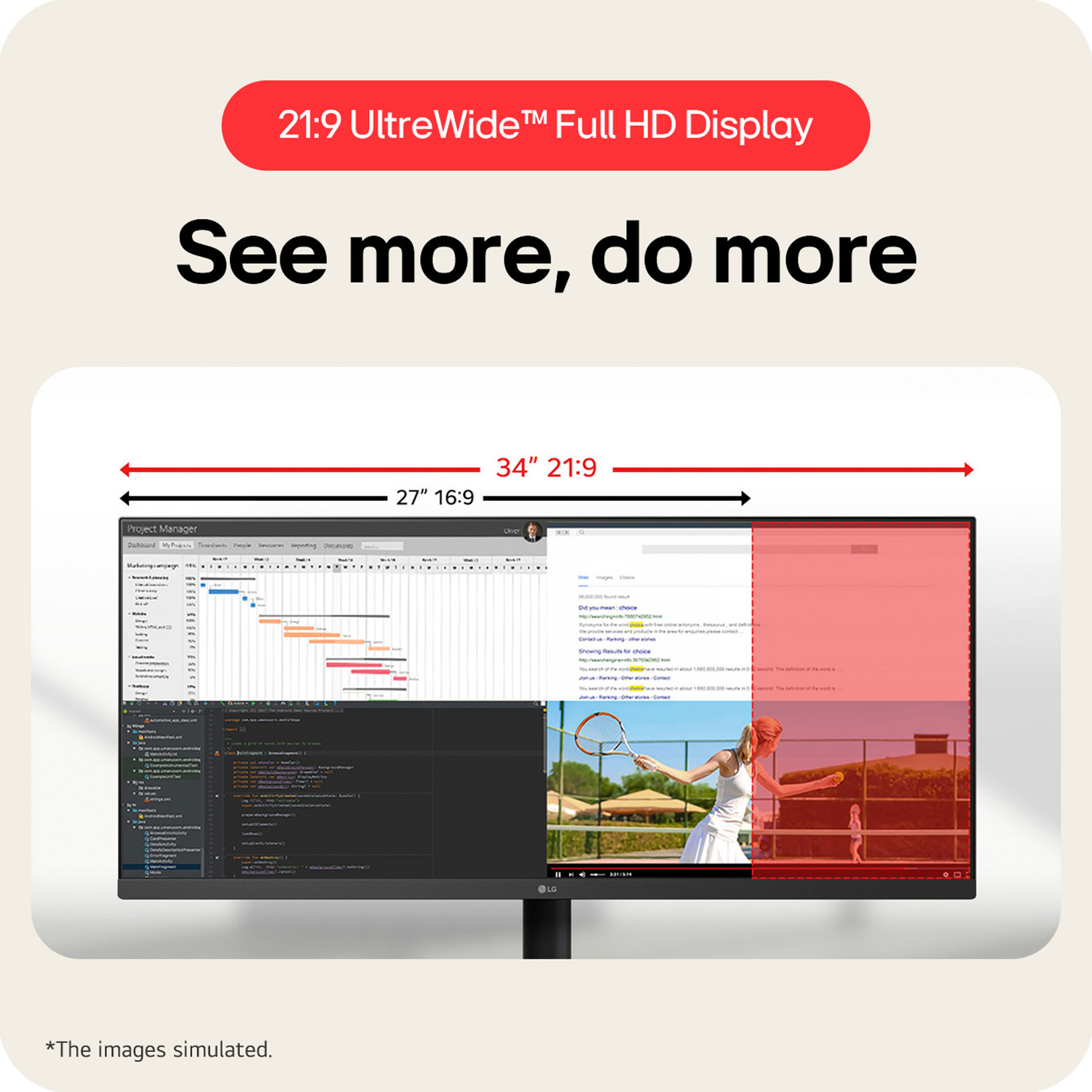 Image of LG UltraWide 86.36 cm (34 inch) WFHD IPS Panel 34-inch 21:9 WFHD (2560x1080) IPS Display, 3-Side Virtually Borderless Design, sRGB 99% (Typ.), Colour Calibrated in factory, 400nits (Typ.) Brightness / VESA DisplayHDR 400, 100Hz Refresh Rate, 1ms MBR Monitor (34U511A-B.BTR / 34U511A-BA.ATRDMSL)