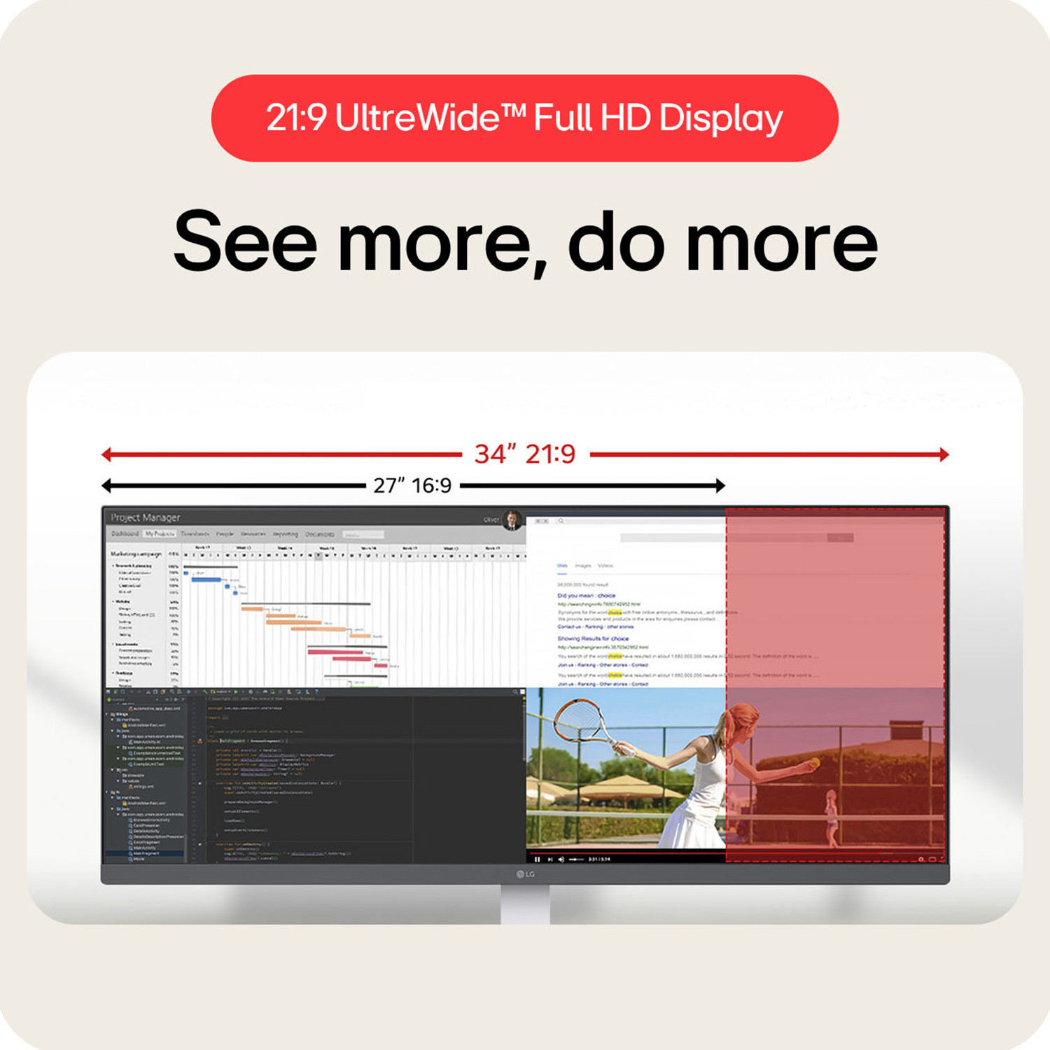 Image of LG UltraWide 86.36 cm (34 inch) WFHD IPS Panel 86.36 cm (34) 21:9 WFHD (2560x1080) IPS Display, 3-Side Virtually Borderless Design, sRGB 99% (Typ.), Color Calibrated in factory, 400nits (Typ.) Brightness / VESA DisplayHDR 400, 100Hz Refresh Rate, 1ms MBR, Black Stabilizer, DAS, Game Mode, Crosshair Monitor (34U530A-WA.ATRDMSL)