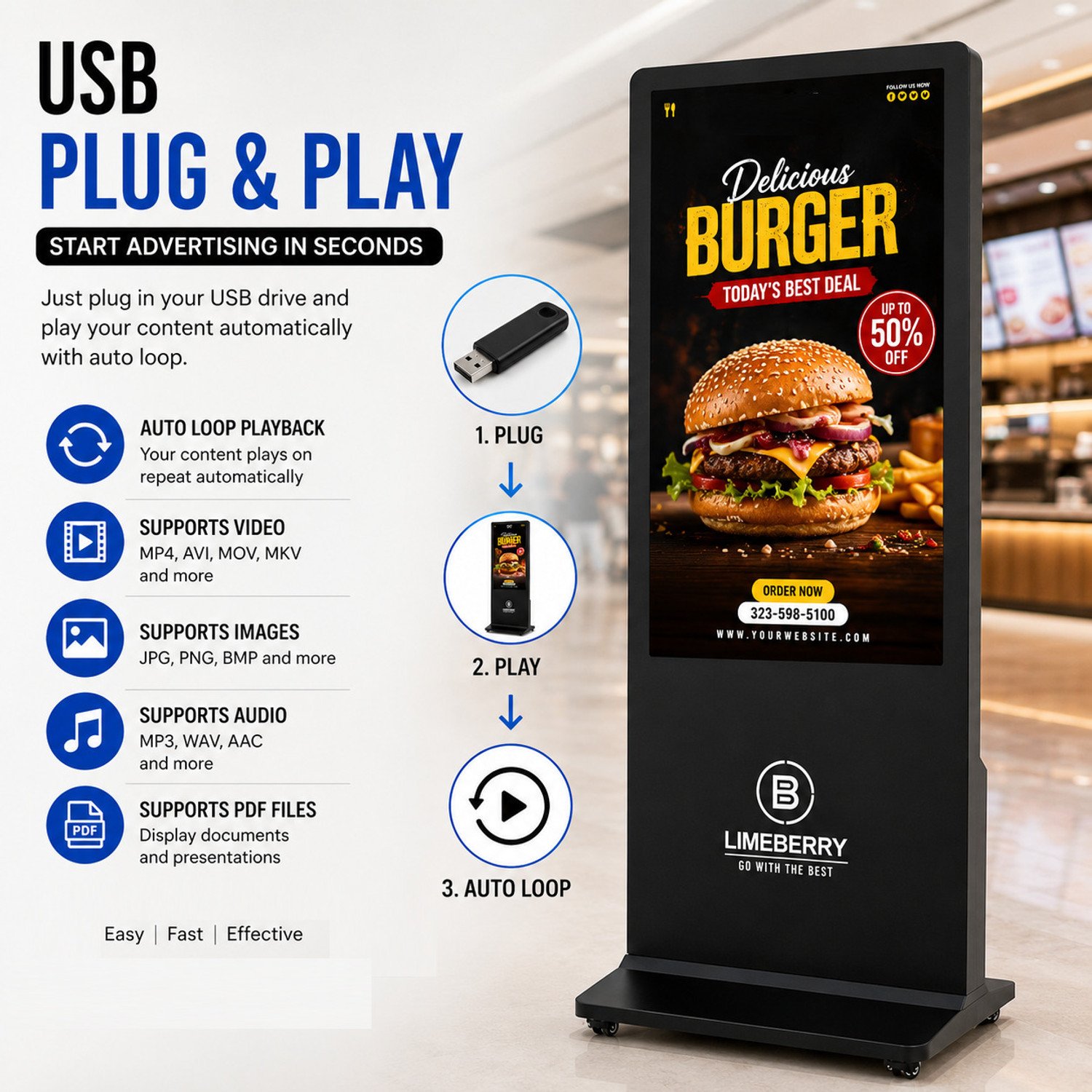 Image of LIMEBERRY Silver Series 81.28 cm (32 inch) HD LED Backlit IPS Panel Monitor (Digital Standee Display, Full HD Digital Signage Kiosk | USB Plug & Play)