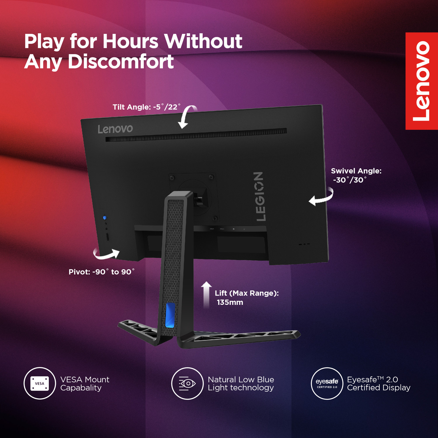 Image of Lenovo R-Series 68.58 cm (27 inch) Quad HD IPS Panel with 99%sRGB, 90% DCI-P3, 3Wx2 Built-in Speakers, 2xHDMI, 1xDP, Tilt /Swivel /Pivot /Height Adjustable Stand Gaming Monitor (Legion R27q-30)