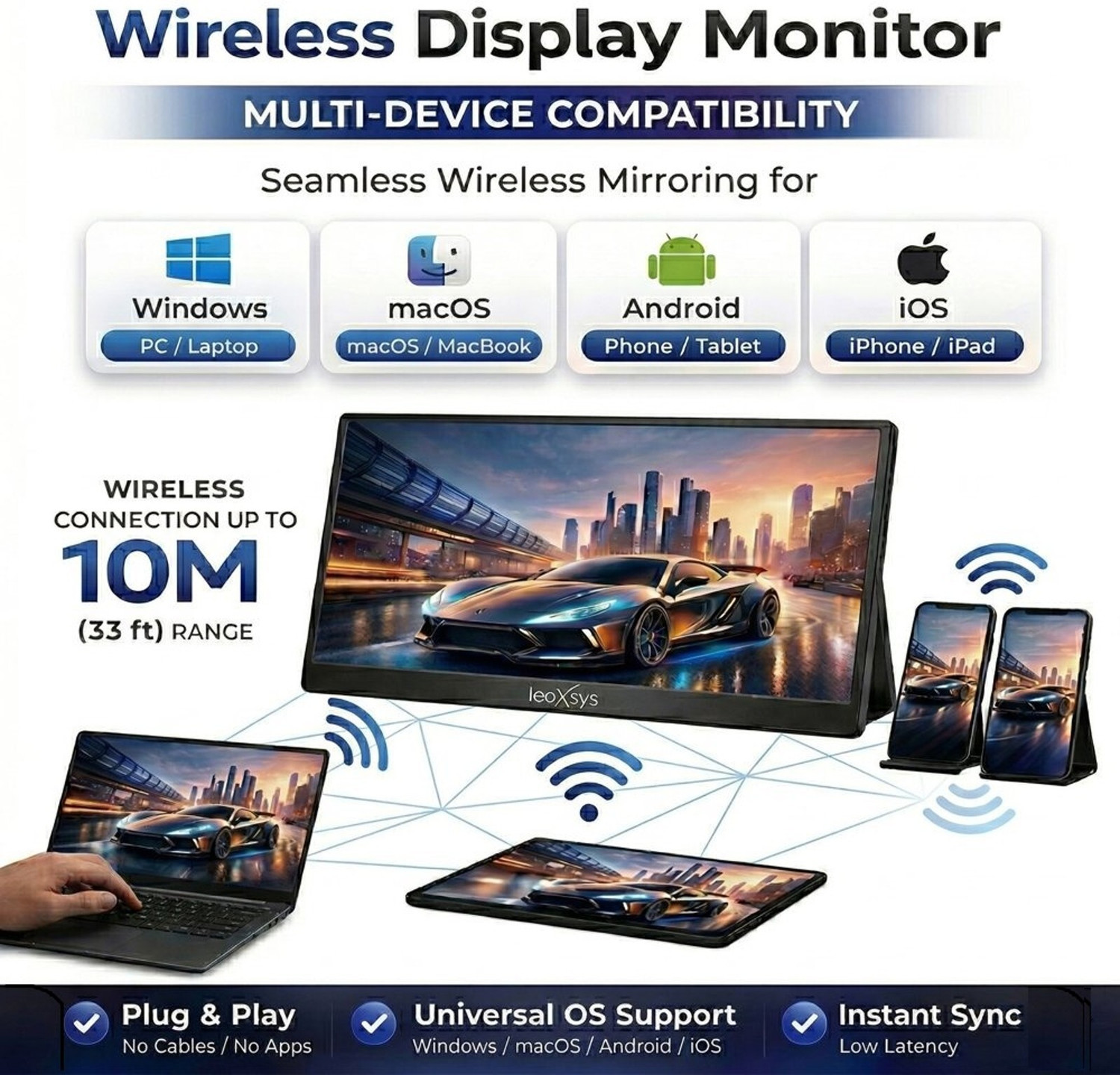 Image of leoxsys Portable Wireless Monitor FHD IPS Display 1080P, 300 Nits Brightness, 1200Mbps WiFi Screen Mirroring 39.62 cm (16 inch) Full HD LED Backlit IPS Panel Monitor (Type-C, HDMI,Wireless,660g Ultra Slim for Laptop, Mac, Android, iPhone, iPad)