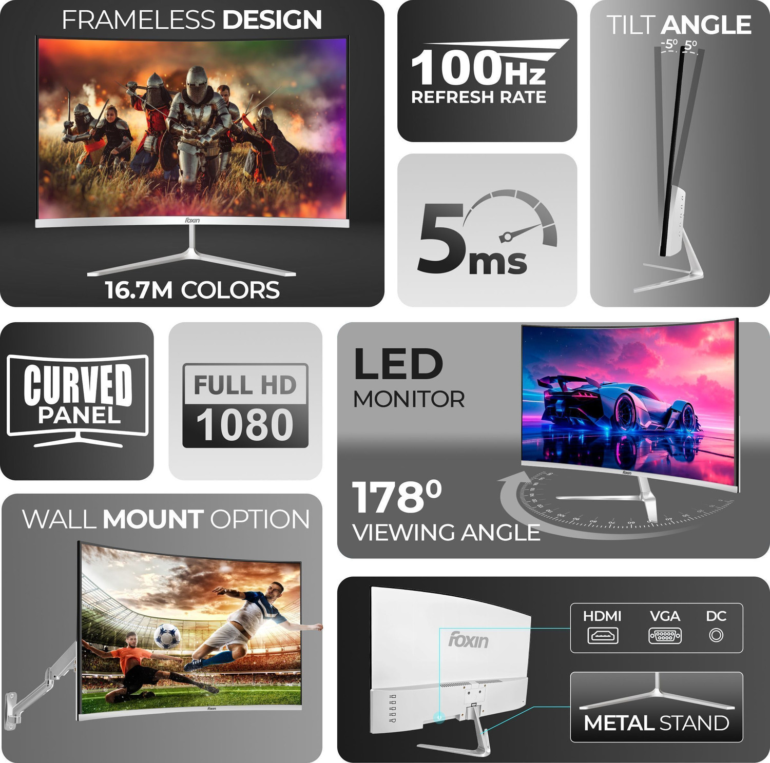 Image of Foxin 55.88 cm (22 inch) Curved Full HD LED Backlit VA Panel Monitor (Elite 22 Inch Curved LED Monitor | FHD 1080p | 100Hz Frameless & Anti-Glare)