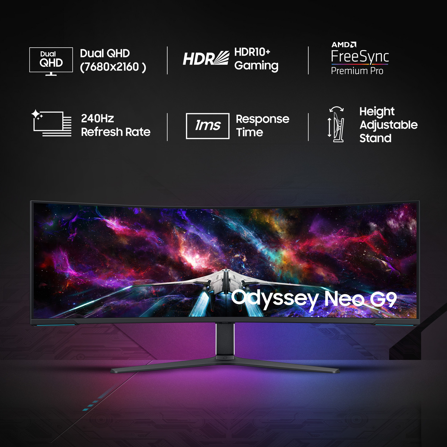 Image of Samsung Odyssey Neo G9 144.81 cm (57 inches) Curved DUHD VA Panel with HDR10+, Quantum Mini LED, USB, DP, HDMI Ports, Height Adjustable Stand Gaming Monitor (LS57CG950NWXXL)