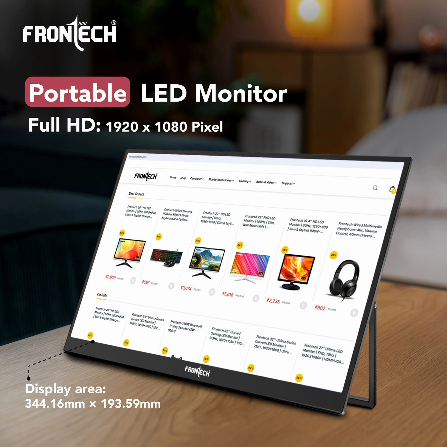 Image of Frontech 39.62 cm (16 inch) Full HD IPS Panel Monitor (PORTABLE LED Built-in Speakers, 180 Stand, Works with Laptop /PS5 /Switch /Phone)