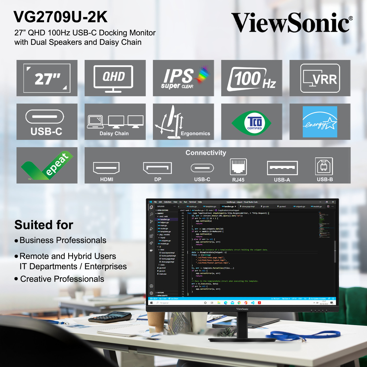 Image of ViewSonic VG Series 68.58 cm (27 inch) Quad HD LED Backlit IPS Panel Gaming Monitor (VG2709U-2K)