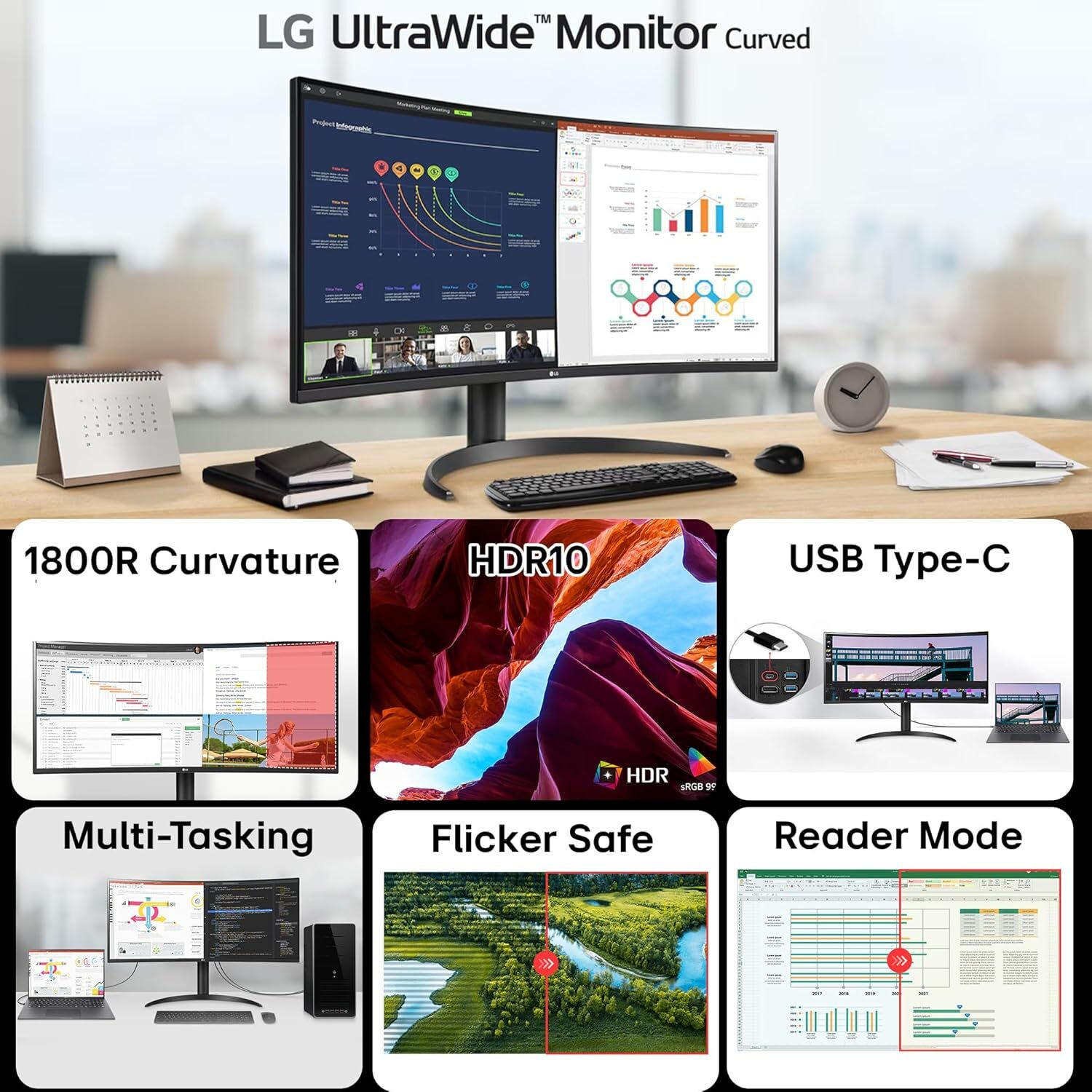 Image of LG 21:9 UltraWide 1800R Curved monitor with USB Type-C 86.36 cm (34 inch) Curved WQHD LED Backlit VA Panel Monitor (34WR55QK-(3440 x1440)-HDR 10,sRGB 99%,USB Type-C with 65W PD,Height,Tilt, Black)