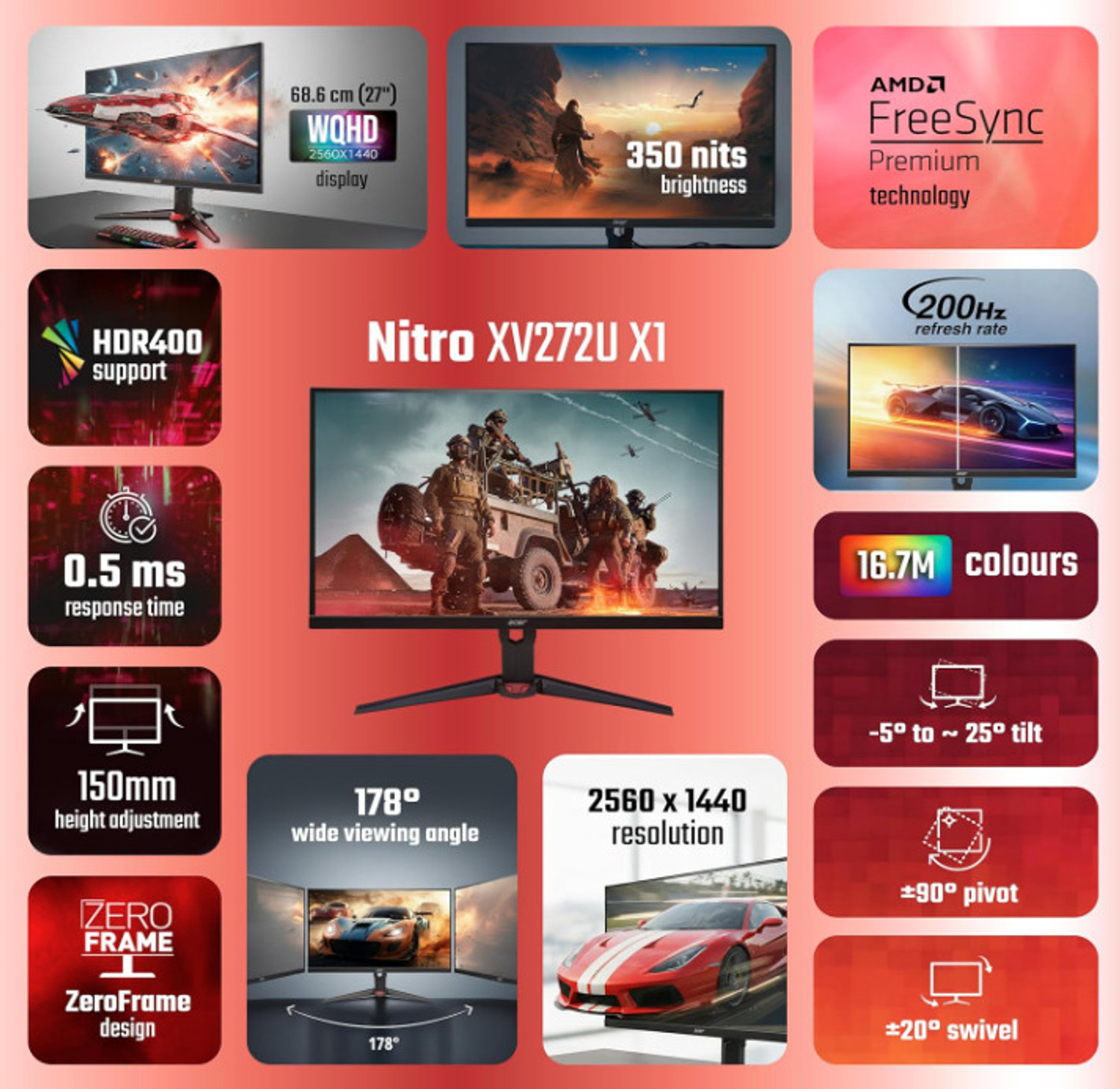Image of Acer NItro XV272U X1 68.58 cm (27 inch) WQHD LED Backlit IPS Panel Gaming Monitor (XV272U X1)