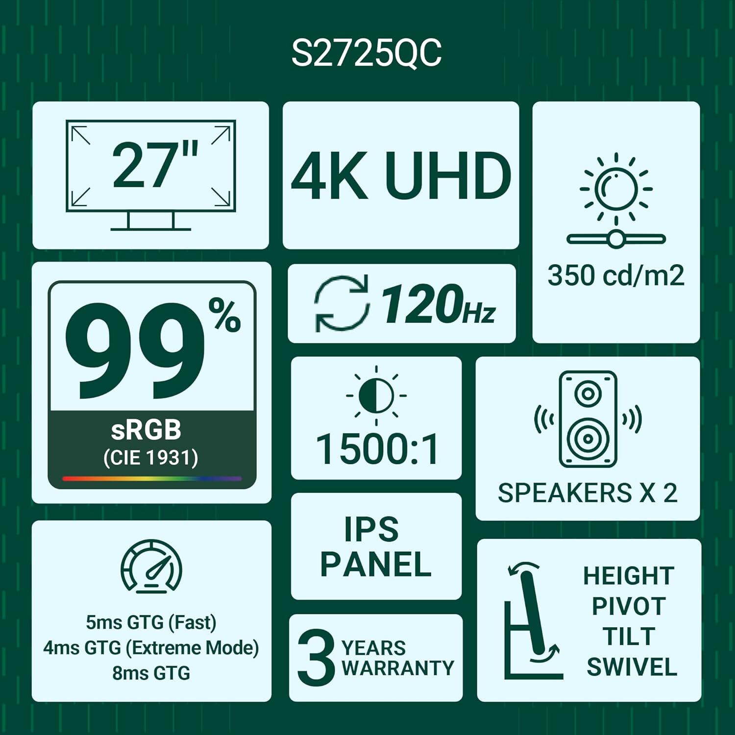 Image of DELL S SERIES S2725QC WITH USB-C 68.58 cm (27 inch) 4K Ultra HD IPS Panel Monitor (Contrast 1,500:1| Height,Pivot & Swivel |2XHDMI,USB-C 65W PD| 2 *5W Spk|99% SRGB)