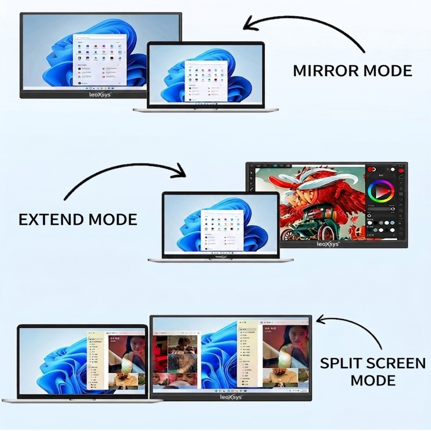 Image of leoxsys Portable Wireless Monitor FHD IPS Display 1080P, 300 Nits Brightness, 1200Mbps WiFi Screen Mirroring 39.62 cm (16 inch) Full HD LED Backlit IPS Panel Monitor (Type-C, HDMI,Wireless,660g Ultra Slim for Laptop, Mac, Android, iPhone, iPad)