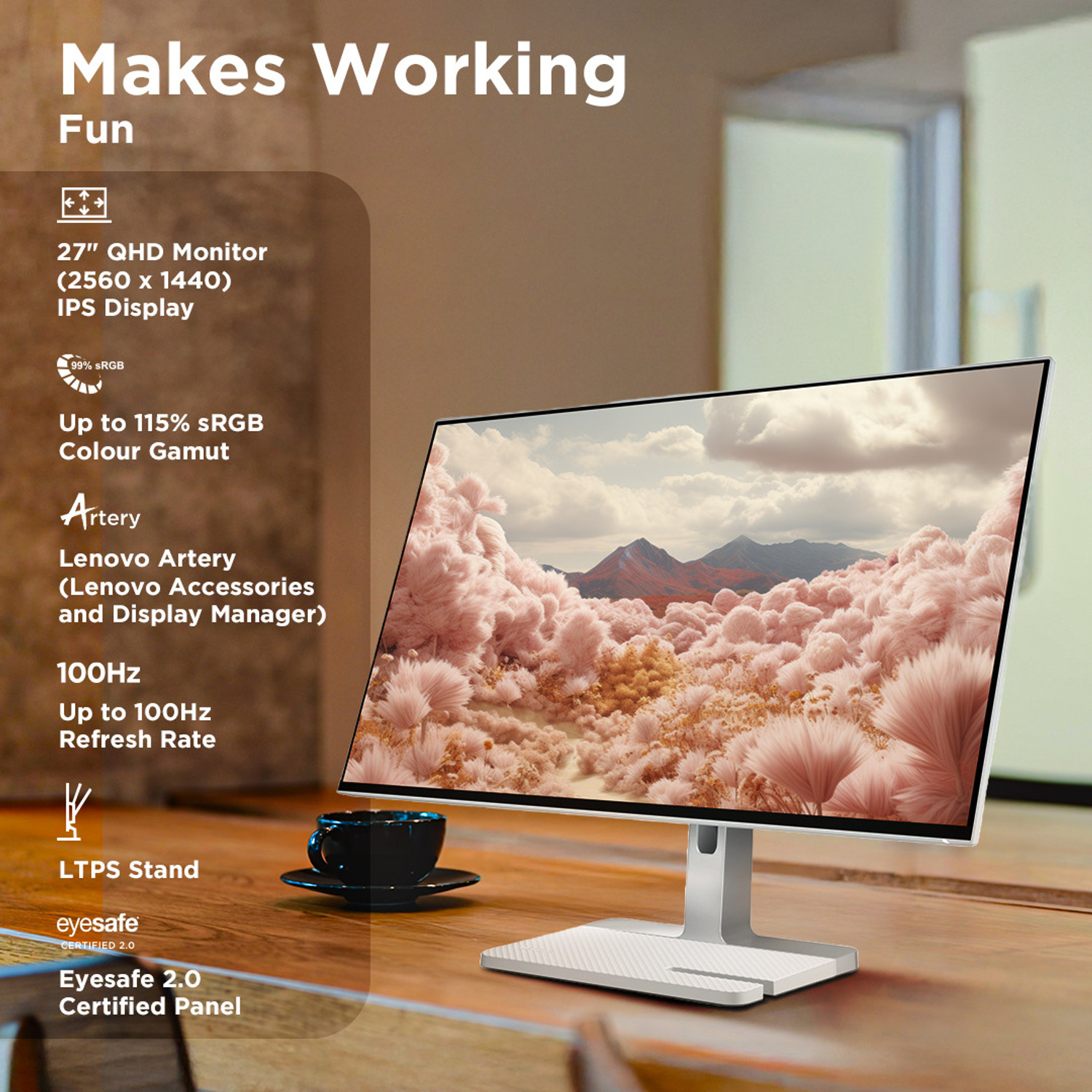 Image of Lenovo L-Series 68.58 cm (27 inch) Quad HD LED Backlit IPS Panel with 99% sRGB, 90% DCI-P3, 4x USB-A, 1xUSB Type-C, 2xHDMI 2.1, 1xDP 1.4, Tilt /Swivel /Pivot /Height Adjustable Stand, 3WX2 Inbuilt Speakers, Customization Artery, Smart Display Monitor (L27h-4A)