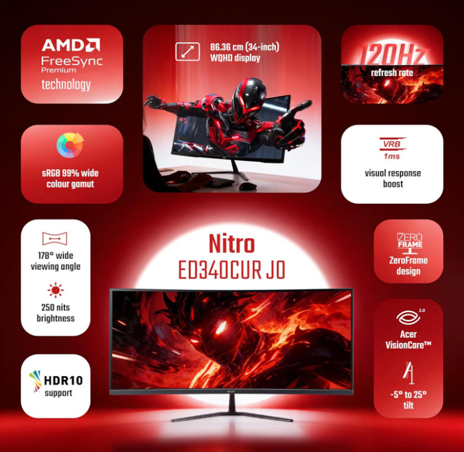 Image of Acer 86.36 cm (34 inch) Curved UWQHD LED Backlit VA Panel Gaming Monitor (ED340CUR J0)