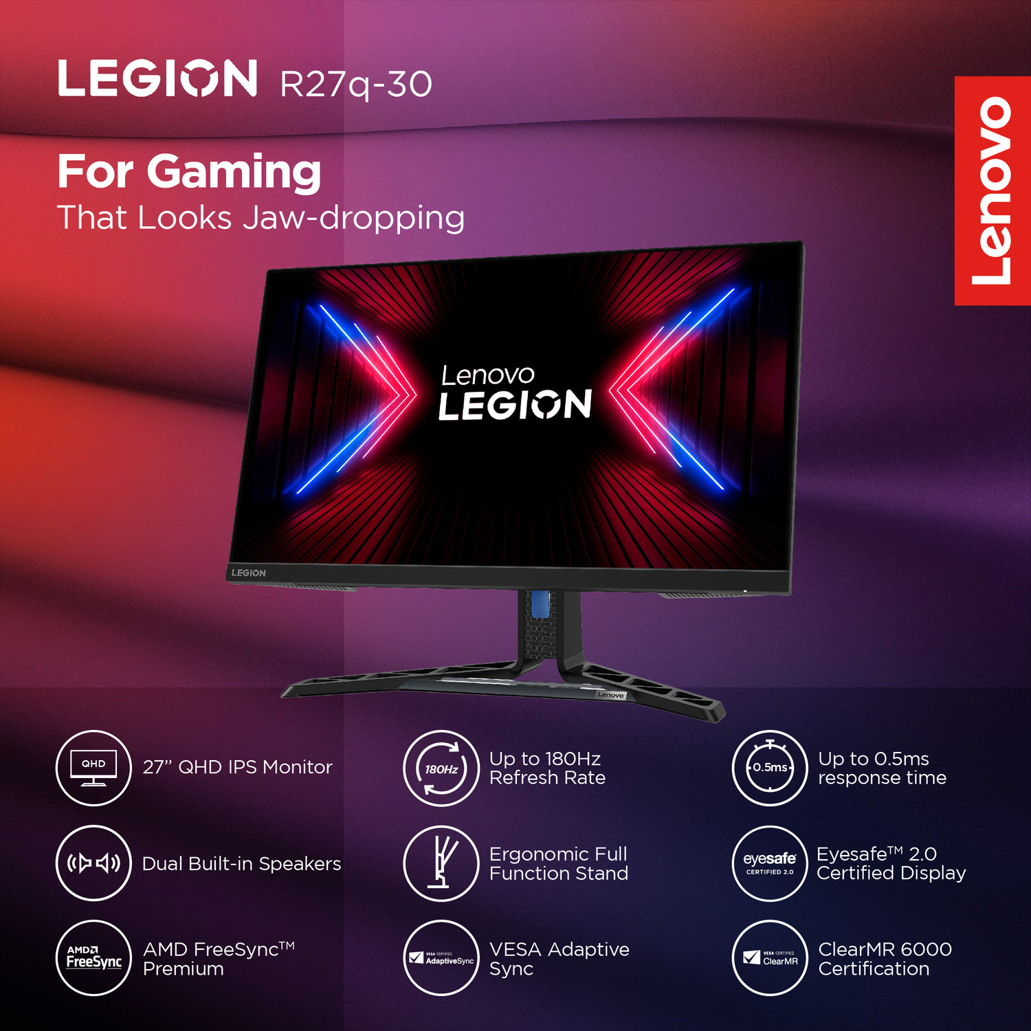 Image of Lenovo R-Series 68.58 cm (27 inch) Quad HD IPS Panel with 99%sRGB, 90% DCI-P3, 3Wx2 Built-in Speakers, 2xHDMI, 1xDP, Tilt /Swivel /Pivot /Height Adjustable Stand Gaming Monitor (Legion R27q-30)
