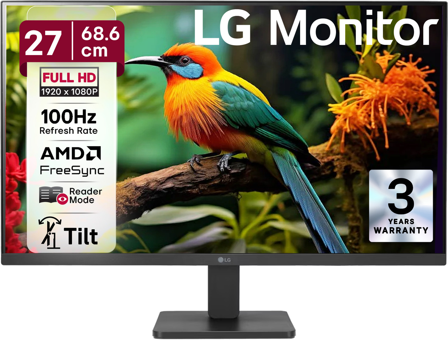 Image of LG 68.58 cm (27 inch) Full HD IPS Panel with 3-Side Borderless Display,Tilt-able Stand, Black Stabilizer, OnScreen Control, Ergo Design Monitor (27MR400-BB.CTRRMV)