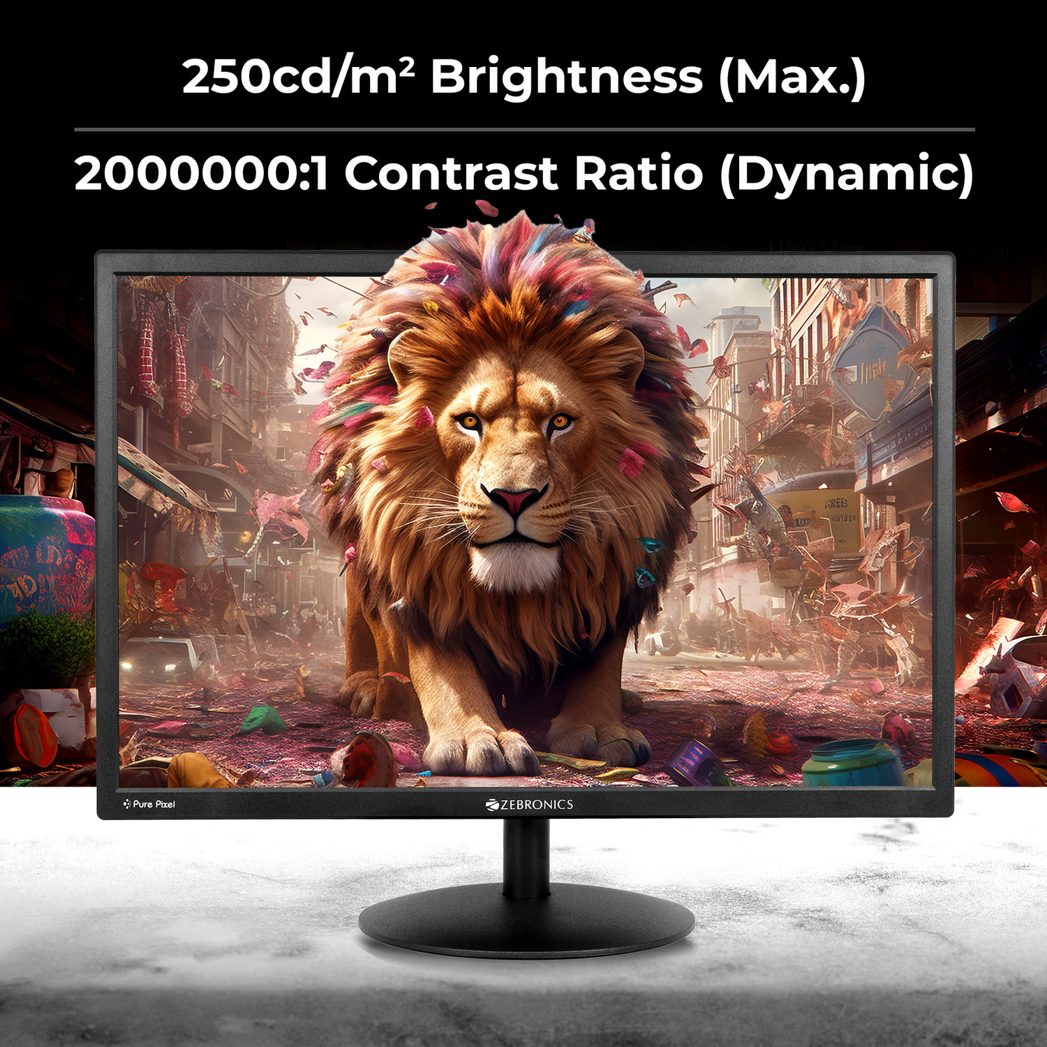 Image of ZEBRONICS Pure Pixel 55.88 cm (22 inch) HD+ LED Backlit VA Panel with Dual Input HDMI & VGA, 16:10 Aspect ratio, 16.7M Colors, 2000000:1 Contrast Ratio (Dynamic), 250cd /m Brightness (max) Wall Mountable Monitor (ZEB-EA122)
