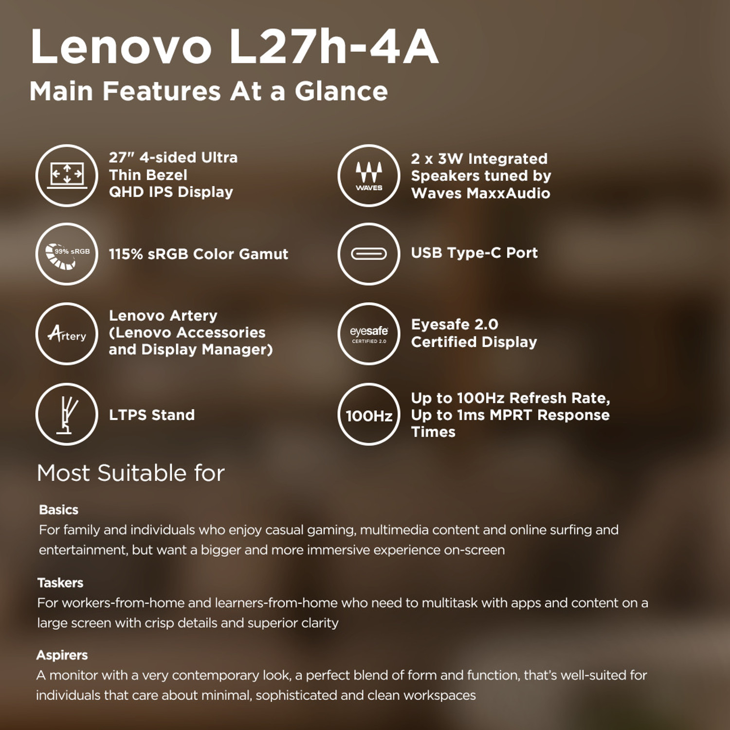 Image of Lenovo L-Series 68.58 cm (27 inch) Quad HD LED Backlit IPS Panel with 99% sRGB, 90% DCI-P3, 4x USB-A, 1xUSB Type-C, 2xHDMI 2.1, 1xDP 1.4, Tilt /Swivel /Pivot /Height Adjustable Stand, 3WX2 Inbuilt Speakers, Customization Artery, Smart Display Monitor (L27h-4A)