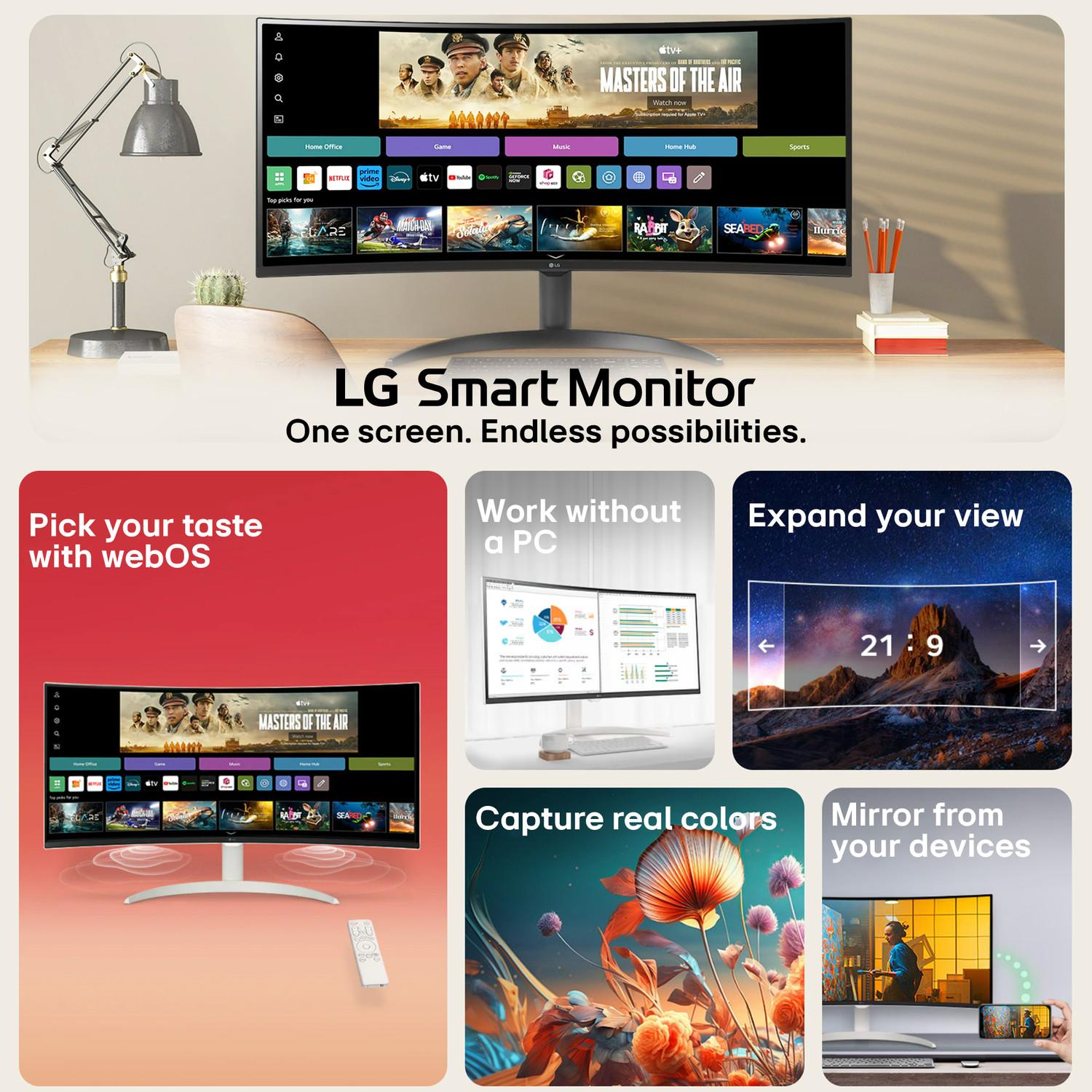 Image of LG Smart 86.36 cm (34 inch) Curved WQHD VA Panel 34 (86.36 cm) 21:9 Curved WQHD (3440x1440) display, webOS Smart Monitor, ThinQ Home Dashboard / Magic Remote support, AirPlay 2, Screen Share, Bluetooth, 2xHDMI, 2xUSB ports, Tilt / Height adjustable stand Monitor (34SR65QC-W.ATR)