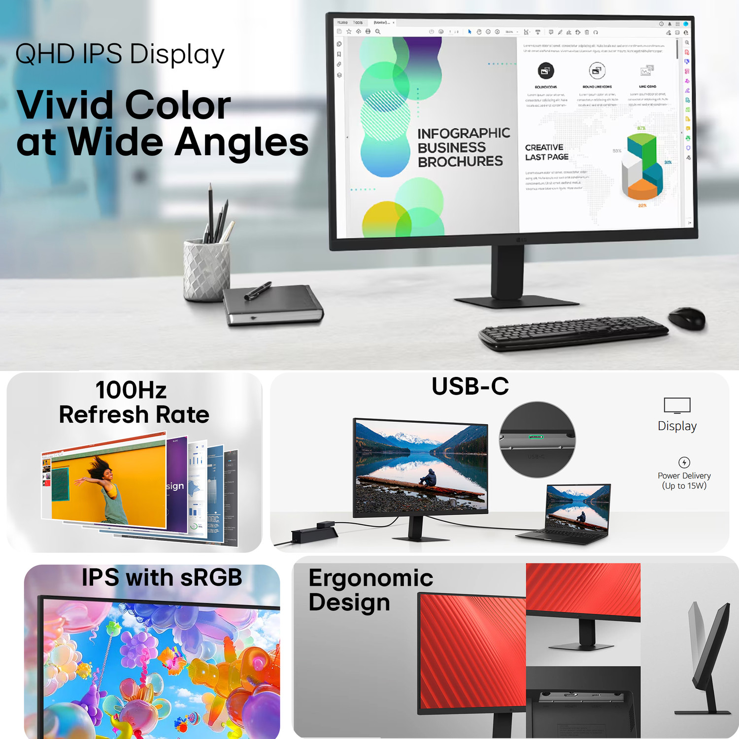 Image of LG QHD 68.58 cm (27 inch) Quad HD IPS Panel with sRGB 99% (Typ.), HDR10, USB-C with PD 15W, HDMI, Head Phone Out, Reader Mode, Flicker Safe, 3-Sided Virtually Borderless Monitor (27U631A-BD.CTRDMR)