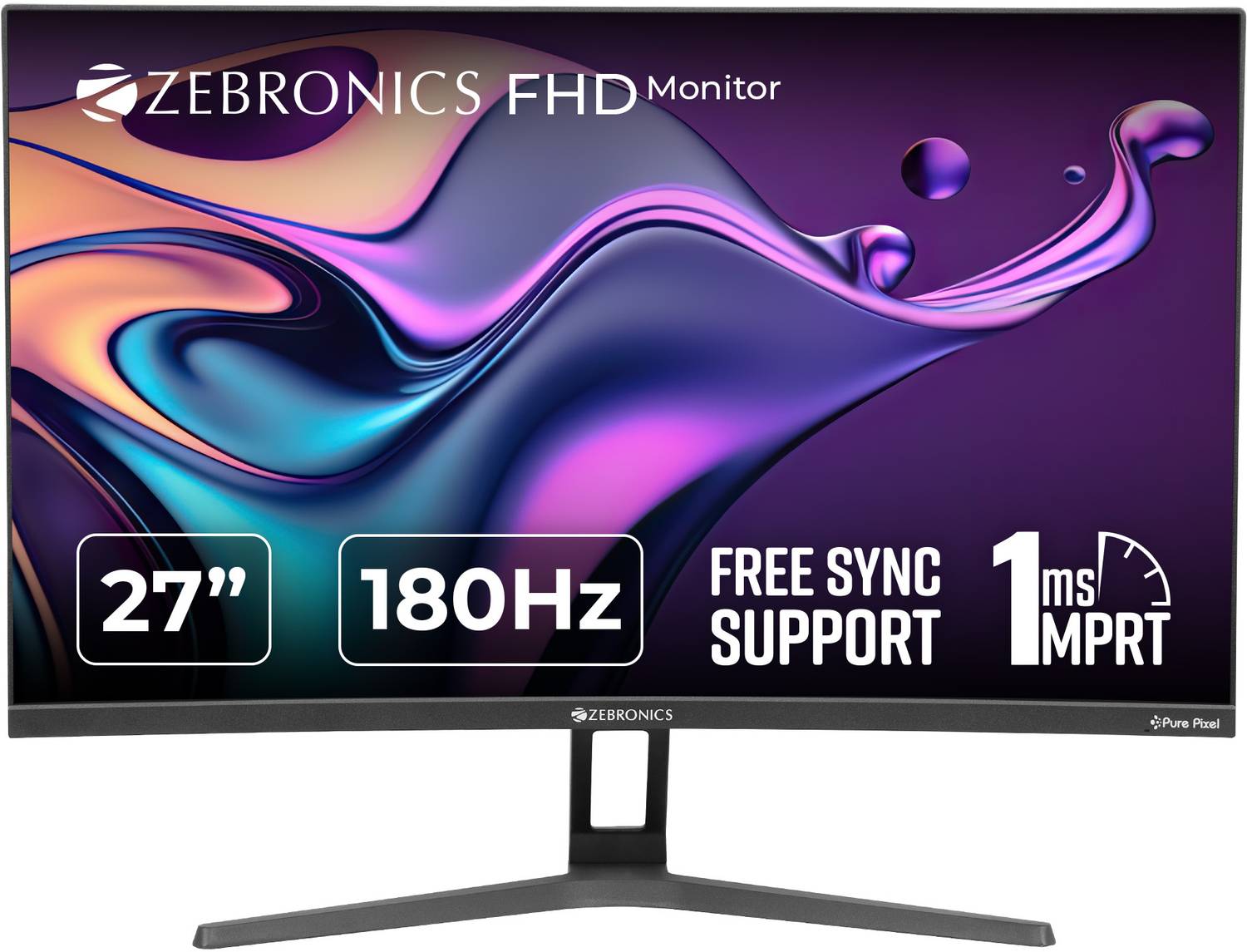 Zebronics 27 inch Curved (1500R) 165Hz Gaming Monitor with FHD 1080p, 1ms MPRT, HDR10, Free sync support, HDMI, DP, 300 Nits max, 16.7M colors, Built-in speakers and Bezel less design ZEB-S27B