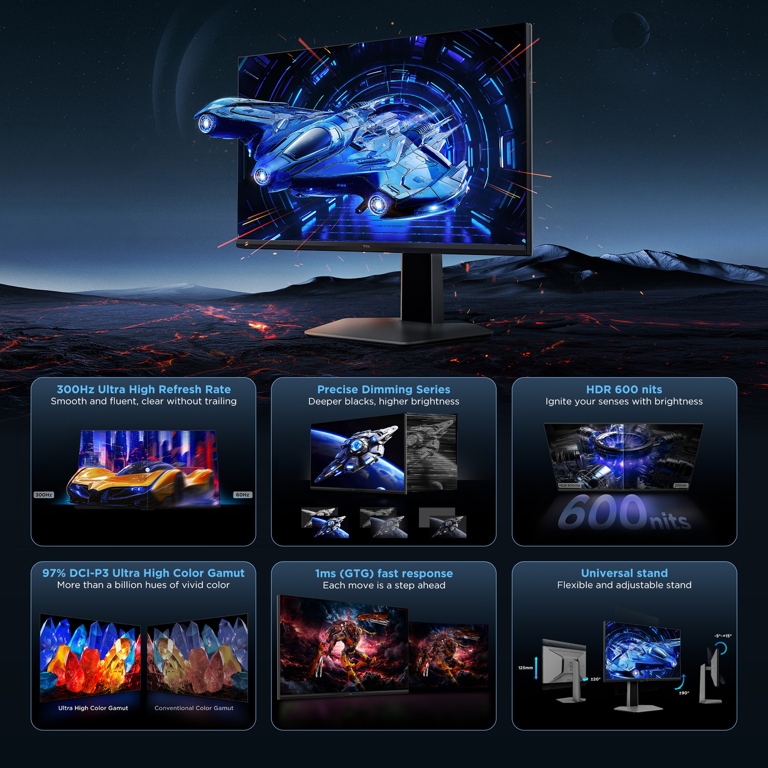 Image of TCL G64 62.23 cm (25 inch) Full HD VA Panel HDR 600 nits Precise Dimming Series Flicker Free Low Blue Light Eye Care Universal Stand (HDMI,DP Ports) Gaming Monitor (25G64)
