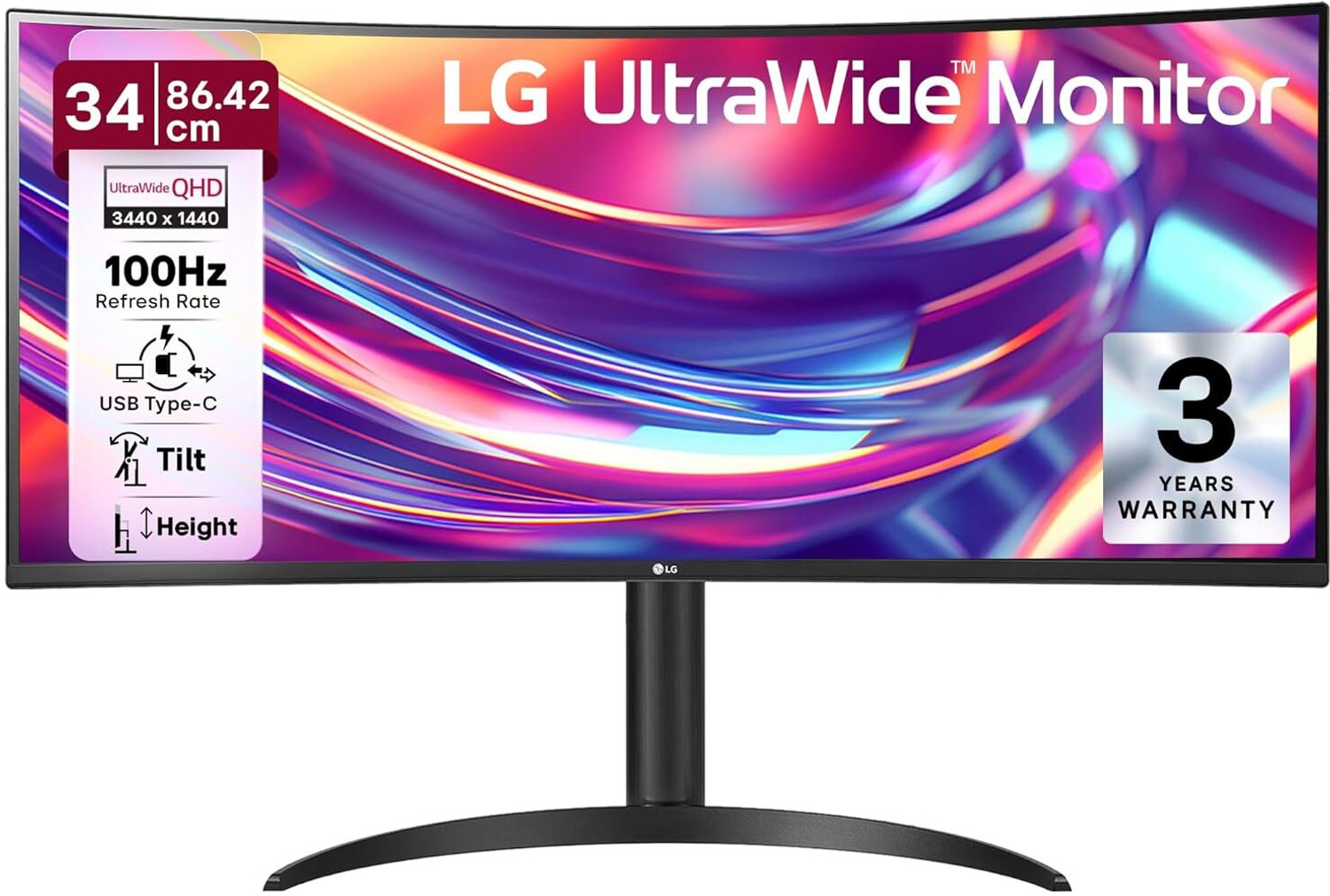 Image of LG 21:9 UltraWide 1800R Curved monitor with USB Type-C 86.36 cm (34 inch) Curved WQHD LED Backlit VA Panel Monitor (34WR55QK-(3440 x1440)-HDR 10,sRGB 99%,USB Type-C with 65W PD,Height,Tilt, Black)