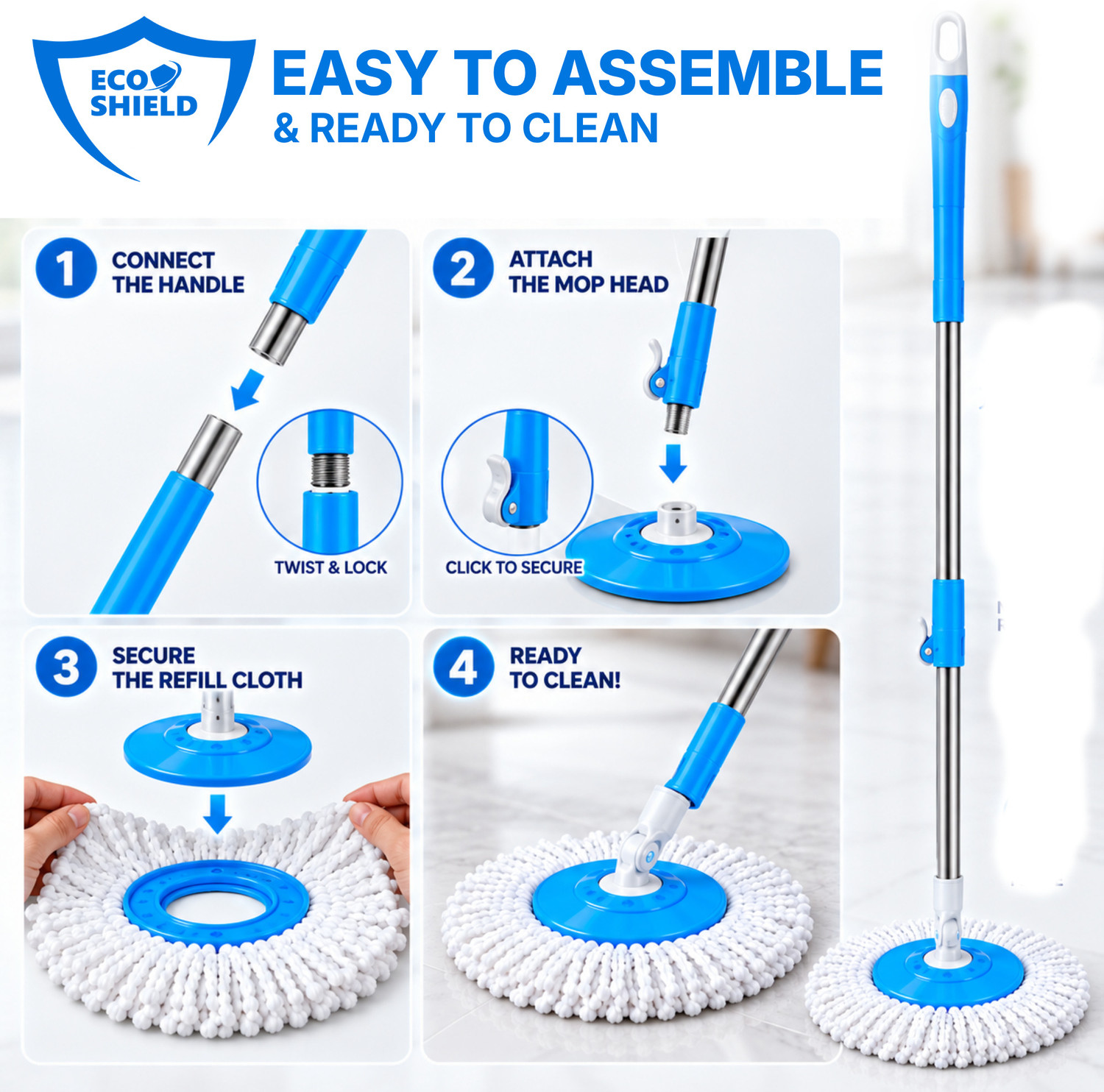 Image of Eco shield Floor Cleaning Mop Stick | 2 Free Refills | Saves Time & Effort Wet & Dry Mop