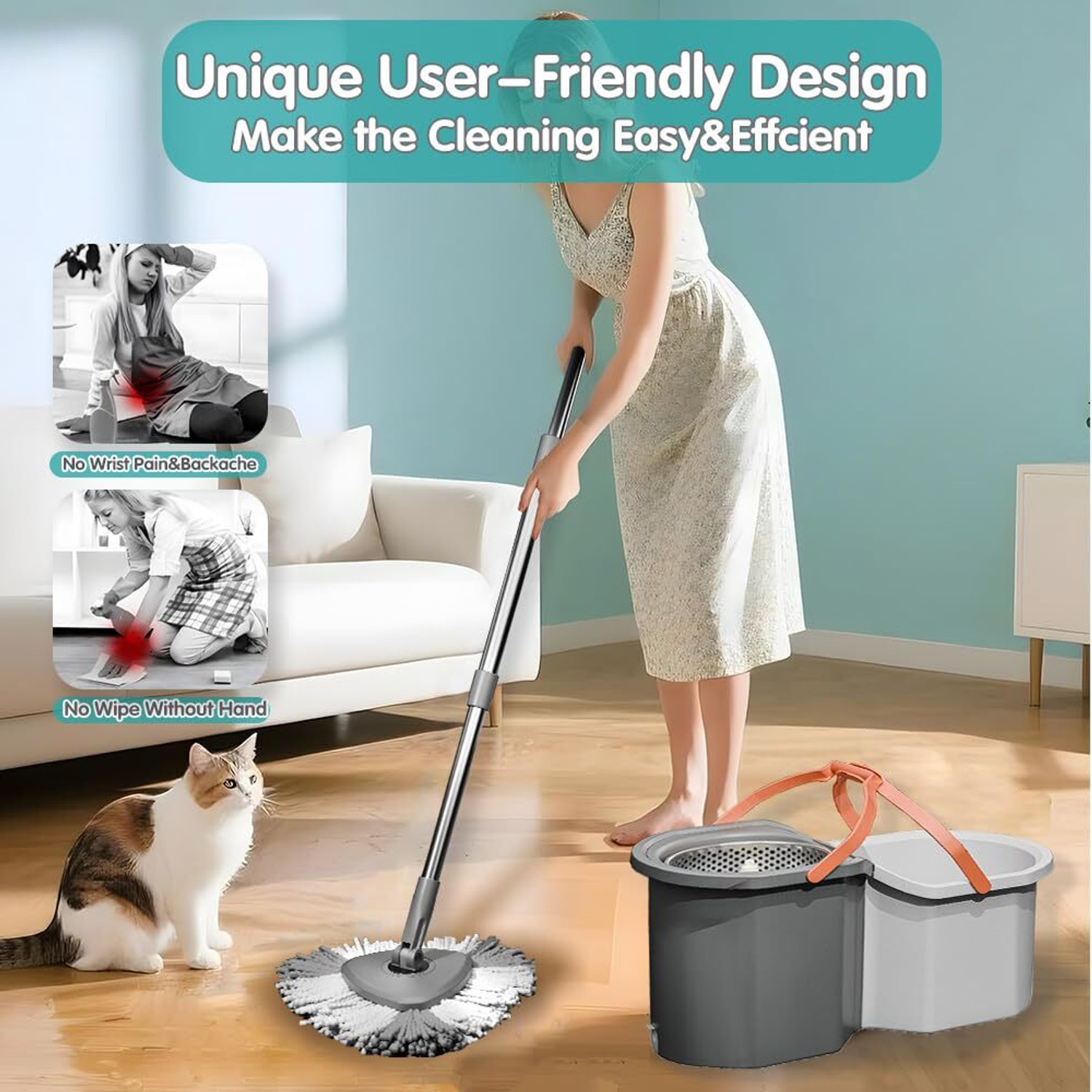 Image of Hemovia 360 Degree Rotation Mop Set with Bucket, Floor Mop Complete Set with Adjustable Mop Set