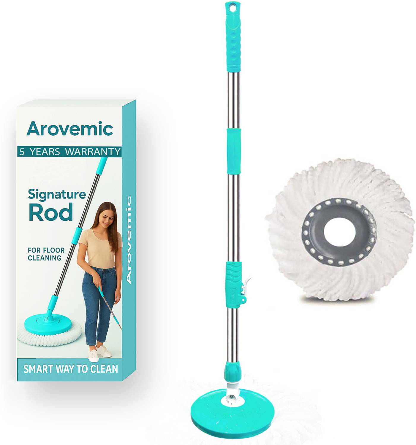 arovemic Solid Duty Mop Stick with 5 Years Warranty, Stainless Steel Handle for Home Use with Holder